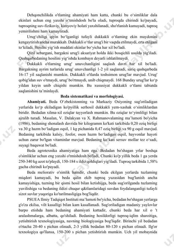 'p yillik o'tlami yetishtirishda sarf-harajat kam bo'ladi. ko'p yillik dukkakli o'tlarning salbiy tomoni: tuproq muhitiga talabchan, tuproqda fosfor, kaliy, bor, molibden yetarii miqdorda talab qiladi, urug'chiligi ancha qiyin. dukkakli o'tlar o'rilgandan keyin o'sish boshlanishidan shonalash va gullash davrigacha ko'kat miqdori tez ko'payib boradi. gullash davridan boshlab bujarayon sustlashadi, ko'kat tarkibida azot kamayib boradi. o'simlikdagi oziq moddalar ildizida to'planadi. bu qishlab chiqishga yordam beradi. gullash davrining boshlanishida ko'kat tarkibida 14-18% oqsil bo'ladi. gullash davrini oxirida uning miqdori kamayadi, to'qima ko'payadi, oziq sifati pasayadi. dehqonchilikda o'tlaming ahamiyati ham katta, chunki bu o‘simliklar dala ekinlari uchun eng yaxshi o‘tmishdosh bo'la oladi, tuproqda chirindi ko'payadi, tuproqning suv-fizikaviy, kimyoviy holati yaxshilanadi, sho'rlanish kamayadi, tuproq yemirilishmi ham kamaytiradi. urug‘chiligi qiyin bo‘lganligi tufayli dukkakli o‘tlaming ekin maydonini kengaytirish ancha murakkab. dukkakli o‘tlar urug'i bir vaqtda etilmaydi, erta etilgani to‘kiladi. hosilni yig‘ish muddati ekinlar bo‘yicha har xil bo'ladi. qizil sebargani, bargakni urug'i aksariyat holda ikki bosqichli usulda yig'iladi. …