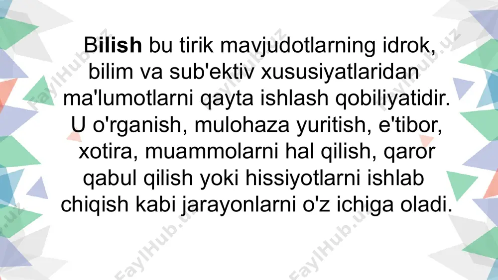 insonning bilimi bir necha darajaga ega bo‘lib, asosan 4 bosqichni bosib o‘tadi, so‘ng etuk haqiqatni egallash, dunyoviy aql bilan bog‘lanib ketishi orqali tugaydi. ibn sino mantiq usullari, ta’riflash, hukm, xulosa chiqarish, isbotlash masalalarini o‘rganishga katta hissa qo‘shdi va mantiq fanini forobiydan so‘ngv bilishning to‘g‘ri metodi sifatida rivojlantirdi. ibn sino psixikaning miyaga bog‘liqligi g‘oyasiga amal qilib tabiblar va faylasuflar uchun alohida-alohida ruhiy quvvatlar klassifikatsiyasini berdi. hamma quvvatlar "ichdan fahmlanadigan” va "tashqaridan fahmlanadigan" turlarga bo‘linadi. tabiblar va faylasuflar o‘rtasidagi kelishmovchilik aynan birinchi guruh ruhiy quvvatlariga taalluqli bo‘lib, tabiblar uchun bu quvvatlar a) umumiy hissiyot yoki tasavvur; b) fikrlovchi quvvat; v) sezilayotgan buyumlar mohiyatini (obrazni emas) saqlovchi va qayta tiklovchi quvvatlarga bo‘linadi. har bir quvvat miyaning u yoki bu qopchig‘ida lokallashgan. ibn sinoning mashhur aks ettirish nazariyasi, ya’ni olamning inson hissiyotlari, aqli va ruhida aks ettirilishi haqidagi nazariya haqiqatda olamni inson tomonidan bilish mumkinligi haqidagi nazariya hisoblanadi. beruniy fikricha, bilishning asosi, olam haqidagi …