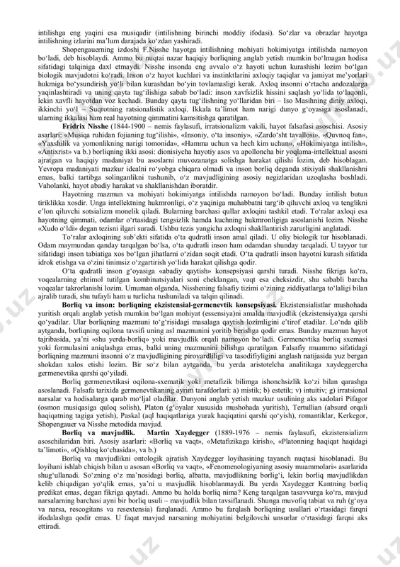hunchalar bilan tenglashtirilishi mumkin emas. ayni zamonda bu ob’ektlar yoki sub’ektlarning birortasi ham uning borligi yoki yo‘qligini qayd etmasdan fikrlanishi mumkin emas. borliq va yo‘qlik dialektikasi. «borliq bor, yo‘qlik esa – yo‘q», deganida, parmenid ayni shu holga e’tiborni qaratgan. binobarin, yaxshi, yomon, to‘g‘ri, noto‘g‘ri, quvnoq, sho‘r, oq, qora, katta, kichkina kabi va shunga o‘xshash sifatlar borliqqa nisbatan qo‘llanilishi mumkin emas. borliqni biron-bir koordinatalar tizimsiga joylashtirib bo‘lmaydi, uni faqat vaqtda fikrlash mumkin. muxtasar qilib aytganda, borliqni har qanday voqelik ega bo‘ladigan umumiy, universal va betakror mavjudlik qobiliyati, deb tavsiflash mumkin. bu fikr esa amalda mavjud narsagina borliqqa ega bo‘lishi mumkin, degan xulosa chiqarish imkonini beradi. «yo‘qlik» har qanday tilda amalda mavjud bo‘lmagan narsa bilan tenglashtiriladi va boshqacha tushunilishi mumkin ham emas. boshqacha aytganda, yo‘qlik borliqni inkor etadi va narsa, jism, hodisa, ong... (ya’ni amalda mavjud bo‘lishi mumkin bo‘lgan narsalar) o‘zligini yo‘qotgan holda «yo‘qlik» atamasi ayni shu ma’noda ishlatiladi va ular haqida …
