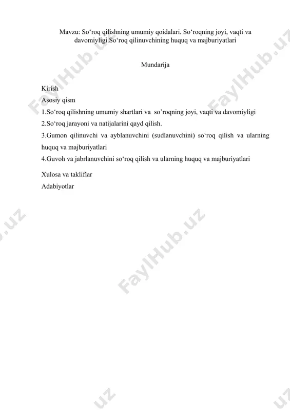 ritildi. bu esa sudning obyektivligi, xolisligini ta’minlashga, jinoyat ishini ko‘rib chiqish jarayonida tortishuv tamoyilining kuchayishiga ko‘maklashdi. kassatsiya instituti tubdan isloh etildi, apellyatsiya instituti joriy qilindi. binobarin, milliy qonunchilik bazasini uzluksiz ravishda isloh etish jarayonida tubdan yangi yuridik o‘quv adabiyotlarini tayyorlash ehtiyoji nihoyatda oshmoqda. ta’kidlash joizki, milliy jinoyat-protsessual kodeksining qabul qilinganidan shu kunga qadar 56 marta o‘zgartirish va qo‘shimchalar kiritildi. demak, o‘quv adabiyotlari ham doimiy ravishda yangilanib borishi, jinoyat-protsessual fanining va sud-tergov amaliyotini real holatini aks ettirishi lozim. shu nuqtayi nazardan, mazkur darslik jinoyat-protsessual kodeksiga kiritilgan so‘nggi o‘zgartirish va qo‘shimchalar hamda hozirgi jinoyat ishlari yurituvining so‘nggi yutuqlari inobatga olingan holda, o‘zbekiston respublikasi oliy sudi plenumining tegishli qarorlari, shuningdek maxsus o‘quv va ilmiy adabiyotlar (milliy va xorijiy) tahlili asosida tayyorlangan. 1. so‘roq qilishning umumiy shartlari so‘roq qilish so‘roq qilish – dalil to‘plashning jinoyat ishini yuritishda eng keng tarqalgan tergov harakati bo‘lib, bir shaxsdan (guvoh, jabrlanuvchi, gumon qilinuvchi va ayblanuvchidan (sudlanuvchidan)) og‘zaki ma’lumotlar …