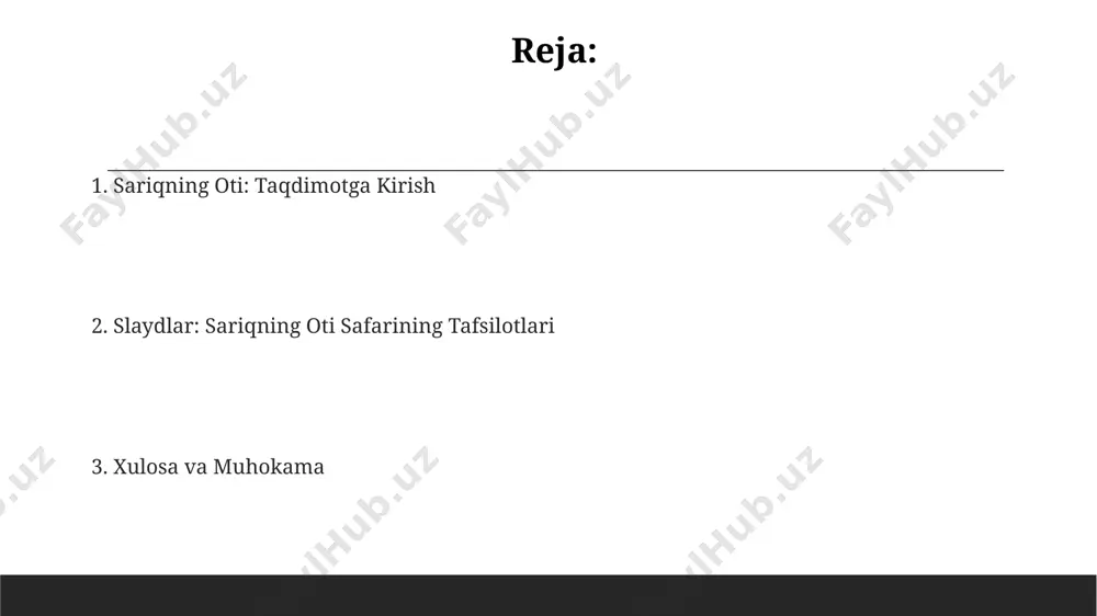o'yidagi damning hayotga qaytishini, uning atrofidagi 5 ta qishloqning aholisi bilan munosabatlarini aks ettiradi. sariqning oti kim? sariqning otining zoti, aniqrogʻi, qoraqalpoqistonning beruniy tumanida uchraydigan, 300 yildan ortiq tarixga ega boʻlgan, "arva" deb ataluvchi noyob zotga mansubligi taxmin qilinmoqda. sariqning otining tezligi soatiga 50 km gacha yetishi mumkinligi haqida mahalliy afsonalar mavjud boʻlib, bu raqam ilmiy jihatdan tasdiqlanmagan. sariqning otining oʻrtacha boʻyi 145-155 sm atrofida boʻlib, 350 kg dan ortiq vaznga ega ekanligi tarixiy manbalarda qayd etilgan. chorsu bozori чорсу бозорининг архитектурасида миллий услуб элементлари, хусусан, гумбазлар ва айвонлар кўп учрайди ва бу ердаги қадимги бинолар 19-аср бинокорлик анъаналарини акс эттиради. чорсу бозорида ёнғоқ, мева, сабзавот, ҳунармандчилик буюмлари каби 100 дан ортиқ турдаги маҳсулотлар сотилади ва бу ерда 500 дан ортиқ киши ишлайди. чорсу бозори тошкентнинг эски шаҳар ҳудудида, 15-асрдан бошлаб фаолият юритаётган тарихий савдо майдони бўлиб, 200 дан ортиқ дўкон ва савдо расталарига эга. sariq bilan safar sariq bilan …
