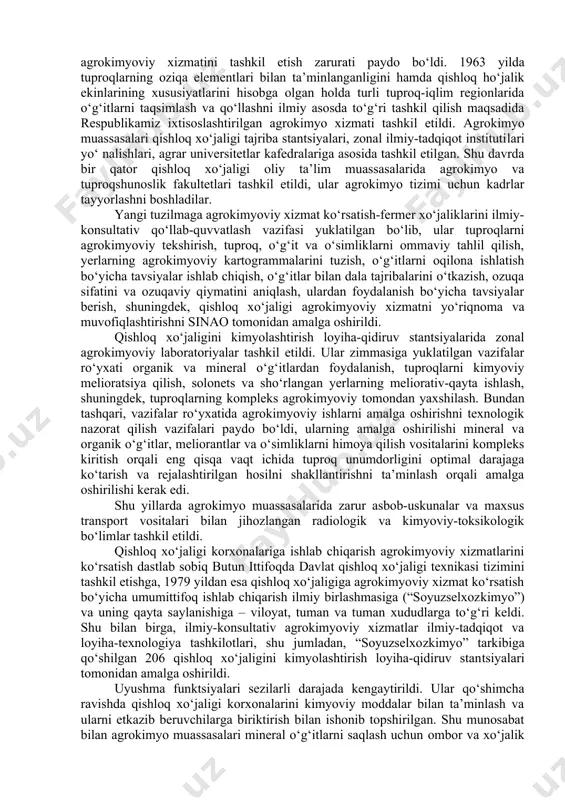 utining roli kattadir. institut hozirgi davrgacha turli nomlar bilan atalib, turli-tuman vazirlik va qo‘mitalar tassarufida bo‘ldi; 1932 yilda butunittifoq paxtachilik ilmiy tadqiqot institutining o‘g‘it va agrotuproqshunoslik markaziy stantsiyasiga aylantirildi. 1943-60 yillarda o‘zssr fanlar akademiyasi, 1960-61 yillarda o‘zssr qishloq xo‘jalik fanlar akademiyasi, 1961-64 yillarda o‘rta osiyo paxtachilik davlat qo‘mitasi, 1964-72 yillarda qishloq ho‘jalik vazirligi, 1972 yildan 1999 yilgacha o‘zbekiston fanlar akademiyasi tarkibidagi va 1999 yildan boshlab o‘zbekiston respublikasi yer resurslari davlat qo‘mitasi ixtiyoriga o‘tkazildi. 1929-30 yillarga kelib o‘g‘it bo‘yicha ilmiy tadqiqot instituti (niu) va paxtachilik ilmiy tadqiqot instituti (uznixi oldingi sozyunixi)larining ochilishi paxtachilikda o‘g‘it qo‘llash masalalarini xal qilishda va agrokimyo soxasini rivojlantirishda muxim o‘rin tutdi. shu davrda mazkur ikki ilmiy maskan o‘rta osiyoning paxtachilik mintaqasida tarqalgan barcha tuproqlarda amalga oshiriladigan tajribalarni yo‘lga qo‘ydi. tajribalar paxta yakka ziroati (monokultura) va almashlab ekish sharoitida o‘g‘itli va o‘g‘itsiz fonlarda amalga oshirildi. 1930-1936 yillarda paxtachilik ilmiy tadqiqot instituti, shu jumladan uning markaziy o‘g‘it va agrotuproqshunoslik …