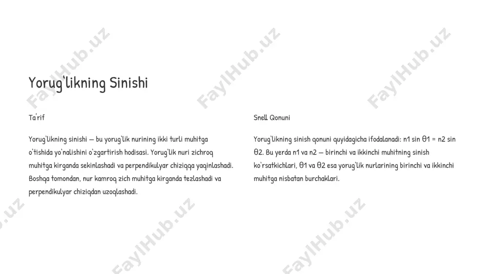 radi. 8 refraktometriyaning turli sohalardagi qo‘llanilishi oftalmologiya oftalmologiyada refraktometriya ko‘zning sinish qobiliyatini aniqlash uchun qo‘llaniladi. bu esa ko‘zoynak yoki kontakt linzalar tanlashda yordam beradi. kimyo kimyoda refraktometriya moddalarning tozaligini aniqlash va aralashmalarning tarkibini o‘lchash uchun qo‘llaniladi. oziq-ovqat sanoati oziq-ovqat sanoatida refraktometriya meva sharbatlarida qand miqdorini, sutda yog‘ miqdorini va boshqa mahsulotlardagi tarkibiy qismlarni aniqlash uchun qo‘llaniladi. sanoat sanoatda refraktometriya neft, gaz va boshqa mahsulotlarning tarkibini o‘lchash uchun qo‘llaniladi. 9 refraktometriyaning kelajagi refraktometriya texnologiyasi doimiy ravishda rivojlanib bormoqda. kelajakda refraktometriya usuli yanada aniqroq, tezroq va qulayroq bo‘ladi. yangi texnologiyalar va uskunalar ishlab chiqilmoqda, bu esa refraktometriyaning tibbiy tashxis va boshqa sohalardagi qo‘llanilishini yanada kengaytiradi. 10 xulosa yorug‘likning sinishi va qaytishi qonunlari fizikaning asosiy tamoyillaridan biri hisoblanadi. refraktometriya usuli tibbiy tashxis, kimyo, oziq-ovqat sanoati va boshqa sohalarda muhim ahamiyatga ega. kelajakda refraktometriya texnologiyasi yanada rivojlanib, tibbiy tashxis va boshqa sohalardagi qo‘llanilishini kengaytiradi. 11 image1.jpeg image2.jpeg image3.jpeg image4.png image5.png image6.png image7.png image8.png image9.png …