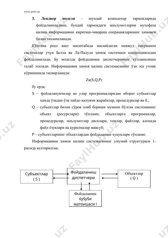 ан ва ҳимоя системасининг асоси ҳисобланади. бу принципни ҳисобга олган ҳолда, фойдаланишни бошқариш масаласи умумсистема сатҳида ечилиши лозим. бунда ишга тушириш, бузилишлардан сўнг қайта тиклаш, ажратиш ва профилактик хизмат кўрсатиш каби иш режимлари эътиборга олинади. маълумотларга бўладиган ҳар қандай мурожаат манбаини ишончли аниқлашни таъминлаши зарур. 3. ҳимоя механизмининг жиддий бўлмаган махфийлиги. кенг фойдаланишга мўлжалланган ҳимоя системасини амалга ошириш деталларини яшириши шарт эмас. ҳимоя самарадорлиги потенциал бузғунчиларнинг маҳоратига боғлиқ бўлмаслиги керак. чунки пароллар рўйхати ҳимоясини таъминлаш анча содда кечади. ҳимоя механизмининг махфий эмаслиги зарур ҳолларда, унинг мутахассислар орасидаги кенг муҳокама субъекти бўлиши имконини беради. 4. фойдаланувчилар ҳуқуқ ва ваколатларининг тақсимланиши. компьютер тармоқлари ва системаларида бир қанча ҳимоя калитларининг мавжудлиги қачонки фойдаланишга бўлган ҳуқуқ бир қатор шартлар бажарилиши билан аниқланган ҳолатдагина қулайлик туғдиради. 5. минимал ваколат. ҳар қандай фойдаланувчи ва программа учун топширилган ишни бажариш учун зарур бўлган ваколатнинг минимал доираси аниқланган бўлиши керак. шунга кўра тасодифий бузилишларга сабаб бўладиган зарарлар маълум …