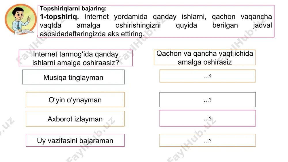 pshiriqlarini tayyorlash dasturi onlinetestpad onlinetestpad.com – masofaviy ta’lim va topshiriqlarni tayyorlash tizimi joinmyquiz joinmyquiz.com – onlayn topshiriqlarni tayyorlash tizimi ispring suite dasturi va uning imkoniyatlari ispring suite dasturi --multimediali elektron o‘quv kurslarni yaratish imkoniyatini beruvchi pedagogik dasturiy vositalar ichida yuqori reytingga ega bo‘lgan dasturdir ispring suite - bu powerpoint-da to'g'ridan-to'g'ri onlayn taqdimotlar, kurslar, viktorinalar, dialoglar va interaktivlik yaratishga imkon beruvchi ko'p qirrali masofaviy o'qitish vositasi. * joinmyquiz.com xanakademiyasi.uz - platformada matematika, informatika, kimyo, fizika, iqtisodiyot, biologiya va astronomiya kabi fanlar boʻyicha 9 mingdan ortiq videodarslar mavjud. https://www.xanakademiyasi.uz https://uz.khanacademy.org -khan academy mutaxassislar tomonidan yaratilgan ishonchli oʻquv materiallar majmuasi sifatida matematika, fizika, kimyo, biologiya va boshqa fanlardan chuqur va aniq maʼlumotlarni oʻz ichiga olgan. barcha uchun har doim bepul. https://uz.khanacademy.org http://www.gov.uz http://www.lex.uz http://www.uzedu.uz http://www.avloniy.uz http://www.onlinedu.uz http://www.ziyonet.uz http://www.rtm.uz http://dr.rtm.uz http://www.maktab.uz http://www.xanakademiyasi.uz http://www.utube.uz http://www.kitob.uz foydalanish uchun elektron manzillar masofaviy ta’lim modellari № masovafiy ta’lim modellari amalga oshirilishi 1 birlamchi model faqat masofaviy o‘quvchilar bilan …