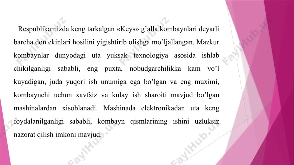 ilgan. savagichlar rotor sirtiga chap yunalishdagi vint chizik bo’ylab joylashtirilgan, shu sababli ular g’alla ni rotorning oxiriga uzluksiz siljitib turadi kombaynga boshqa o’lchamdagi yurish g’ildiraklari o’rnatilsa, kiya transportyor tezligini ham unga mos hol da o’zgartirish talab qilinadi. yanchilayotgan ekinning turiga qarab, rotorning aylanish tezligi 300—1200 ayl/min oraligida o’zgartirilishi mumkin. barabanning tezligi me`yoridan ortiq bo’lsa, don chatnashi, ko’payishi, aksincha, kam bo’lsa — chala yanchilishi mumkin. ammo rotorning minimal tezligi yanchilayotgan maxsulotning markazdan kochma kuchlar ta`sirida kobikdagi kuzgalmas kovurgalarga zarb bilan urilishini ta`minlaydigan miqdoridan kam bulmasligi kerak. rotor tezligining me`yoridan oshib ketganligini donning bunkerga chatnab tushishidan tashqari, somonning mayda bulaklarga bulinib chiqayotganligidan ham bilish mumkin. kombayn ishidagi don nobudgarchiligini kamaytirish g’alla hosilining bir qismi uni yigishtirib olish jarayonida nobud bo’ladi. nobudgarchilik biologik va mexaniq sabablarga kura kelib chikishi mumkin. biologik nobudgarchilik pishgan donning boshokdan shamol ta`sirida yerga tuqilishi tufayli yuz beradi. shu sababli pishib yetilgan g’alla ni zudlik bilan yigishtirib olish lozim. …