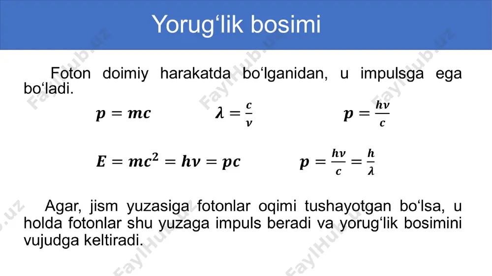 bunga misol qilib, zamonaviy robotlarning sezish qurilmalaridan tortib, metrolarga kirishni nazorat qiluvchi qurilmalargacha, shahar ko‘chalarining yoritish sistemasi, suv yo‘llarini yoritish mayoqlaridan tortib, detallarning shakli va rangiga qarab ajratishgacha bo‘lgan vazifalarni bajaruvchi qurilmalarni keltirishimiz mumkin. fotoelement eng ko‘p qo‘llaniladigan sohalardan biri bu fototelegrafiya ya’ni tasvirni simsiz uzatish. bunga televideniya yaxshi misol bo‘la oladi. bunda, tasvirni elektr signallarga aylantirish ikonoskop deb ataluvchi qurilmada amalga oshiriladi. ikonoskop – sirti juda ko‘p mitti fotoelementlardan iborat asbob. ular o‘zlariga tushayotgan yorug‘likka mos bo‘lgan elektomagnit to‘lqinlar hosil qiladi va bu to‘lqinlar uzoq masofalarga uzatiladi. antenna yordamida qabul qilingan signallar esa kineskopda qaytadan yorug‘lik signaliga, ya’ni tasvirga aylantiriladi. 147-bet 1-test yorug‘likning jismlardan elektronni urib chiqarish hodisasi…….deyiladi. a) qutblanish; b) difraksiya; c) dispersiya; d) fotoeffekt. to‘g‘ri javob: d) fotoeffekt. 147-bet 4-test tushayotgan yorug‘likning oqimi ( 4 marta ortsa, fotoelektronlarning tezligi necha marta o‘zgaradi? a) o‘zgarmaydi; b) 4 marta ortadi; c) 4 marta kamayadi; d) 2 marta ortadi. to‘g‘ri …