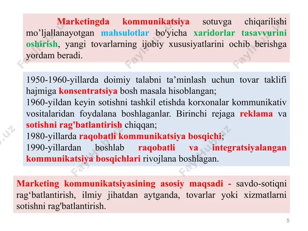 , preyskurantlar, ko‘rsatkichlar, e’lonlar); d) bosma reklama (varaqalar, kataloglar, prospektlar, gazeta va jurnallardagi e’lonlar); e) namoyish reklamasi (mahsulotlarni tatib ko‘rish, kiyim-kechakning yangi modellarini namoyish qilish va shu kabilar); f) kino-televizion va diapozitiv reklamasi; g) ovozli reklama. 15 reklama agentligi bu ijodiy xodimlar va tijoratchilardan iborat, mustaqil korxonadir. reklama agentliklarini quyidagi prinsiplariga ko‘ra tavsiflash mumkin: • ko‘rsatadigan xizmatlari hajmiga ko‘ra - universal; • muayyan tovar va reklama vositalariga ko‘ra ixtisoslashgan; • faoliyati sohasiga ko‘ra - ichki bozorda ish ko'radigan va ichki hamda tashqi bozorda ish ko‘radigan turlari. 16 17 bo‘lajak iste’molchi quyidagi axborotlarni olishi shart tovarni borligi va sotilish joyi qaysi extiyojlarni qondirishga qaratilganligi iste’mol qiymatining asosiy ko’rsatkichlari xaridorlarni qoniqtirmay qolgan holda ularning himoya qilish kafolatlari 18 bo‘lg‘usi xaridorlargaaxborotlarni yetkazish uslublari yig’ilishlar anjumanlar reklamalar ko’rgazmalar o’tkazish iste’molchilarni rag‘batlantirishning asosiy uslublari quyidagilardan iborat: tajriba namunalari. uyga olib borib beriladigan, pochta orqali yuboriladigan, boshqa tovarlarga yoki reklama e’lonlariga ilova qilinadigan, tovar yoki xizmatlaming …