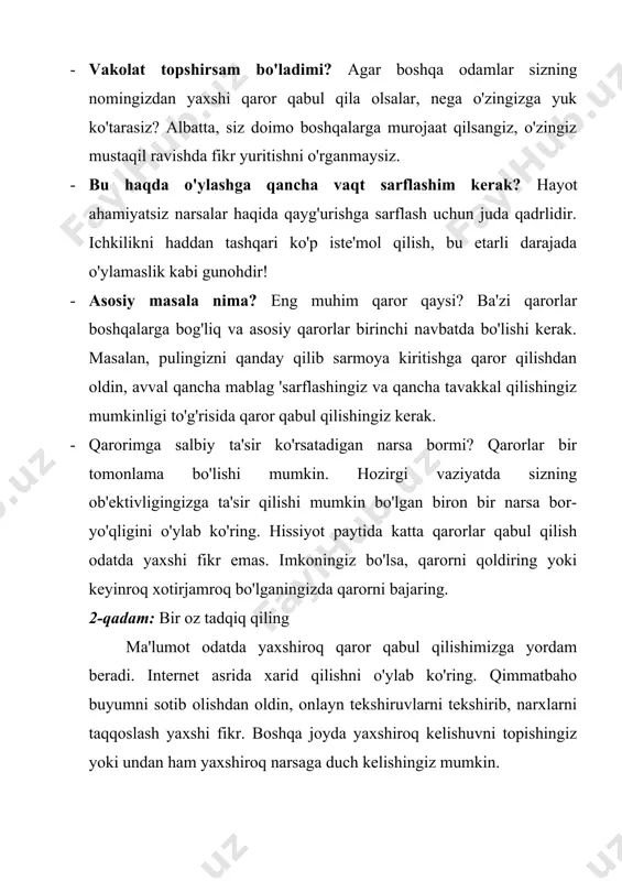 rish kerakmi degan savol bo'lishi mumkin. ushbu vaziyatlarda muhim qaror qabul qilishdan oldin swot tahlilini o'tkazish yaxshi fikr: foydali zararli s-kuchli tomonlari w-zaif tomonlari o-imkoniyat t-tahdidlari 9.2-rasm. swot tahlilning soddalashtirilgan ko`rinishi[footnoteref:2] [2: muallif ishlanmasi] swot - kuchli tomonlar, zaif tomonlar, imkoniyatlar va tahdidlarning qisqartmasi. ushbu to'rtta omil bir shaxsni yoki tashkilotni tahlil qilish uchun ishlatiladi. kuchli va zaif tomonlar ko'rib chiqilayotgan sub'ektga nisbatan o'zaro bog'liq bo'lgan yaxshi va yomon tomonlariga mos keladi. imkoniyatlar va tahdidlar tashqi muhitdagi ijobiy xususiyatlarga va yuzaga kelishi mumkin bo'lgan muammolarga mos keladi. swot doirasi tashkilotni baholash uchun tizimli yondashuvni taklif etadi, ayniqsa kelajakdagi rejalarni tuzishda. agar kompaniya o'z biznesini qanday kengaytirishni yoki raqobatchilar bilan qanday duch kelishni hal qilsa, u ishni swot tahlilidan boshlashi mumkin. ammo swot usuli jismoniy shaxslar uchun ham foydalidir. ko'p odamlar tafakkur qilish uchun ozgina vaqt bilan band hayot kechirishadi. swot - bu orqada qadam tashlab, qayerda ekanligimizni va qayerga borishni …