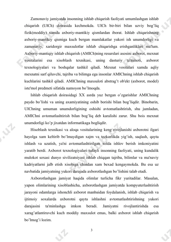 a kompyuterlashtirish jarayoni odamlarga ishonchli axborot manbaidan foydalanish, ishlab chiqarish va ijtimoiy soxalarda axborotni qayta ishlashni avtomatlashtirishning yukori darajasini ta'minlashga imkon beradi. jamiyatni rivojlantirishda esa xarag’atlantiruvchi kuch moddiy maxsulot emas, balki axborot ishlab chiqarish bo’lmog’i lozim. axborotlashgan jamiyatda nafaqat ishlab chiqarish, balki butun turmush tarzi, qadriyatlar tizimi xam o’zgaradi. barcha xarag’atlar tovarlarni ishlab chiqarish va iste'mol etishga yunaltirilgan sanoat jamiyatiga nisbatan axborotlashgan jamiyatda intellekt, bilimlar ishlab chiqariladi va iste'mol etiladiki, bu xol aqliy mexnat ulushining oshishiga olib keladi. insondan ijodiyotga qobiliyat talab etiladi, bilimlarga extiyoj oshadi. axborotlashgan jamiyatning moddiy va texnologik negizini kompyuter texnikasi va kompyuter tarmoqlari, axborot texnologiyalari, telekommunikatsiya aloqalari asosidagi turli xil tizimlar tashkil etadi. axborotlashgan jamiyat — jamiyatning ko’pchilik a'zolari axborot, ayniqsa, uning oliy shakli bulmish bilimlarni ishlab chiqarish, saqlash, qayta ishlash va amalga oshirish bilan band bo’lgan jamiyatdir. axborotlashgan jamiyatga o’tishda kompyuter va telekommunikatsiya axborot texnologiyalari negizida yangi axborotni qayta ishlash sanoati yuzaga keladi. hozirgi paytda …