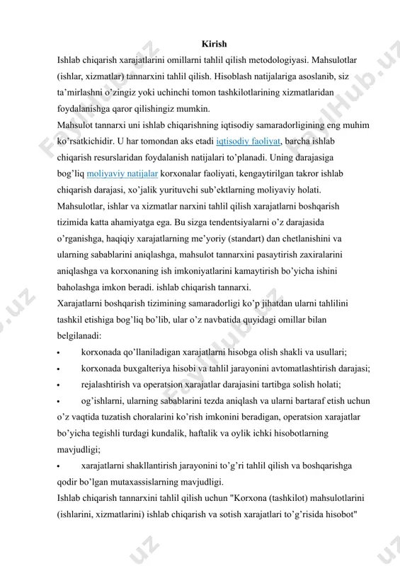 , operatsion xarajatlar bo’yicha tegishli turdagi kundalik, haftalik va oylik ichki hisobotlarning mavjudligi; · xarajatlarni shakllantirish jarayonini to’g’ri tahlil qilish va boshqarishga qodir bo’lgan mutaxassislarning mavjudligi. ishlab chiqarish tannarxini tahlil qilish uchun "korxona (tashkilot) mahsulotlarini (ishlarini, xizmatlarini) ishlab chiqarish va sotish xarajatlari to’g’risida hisobot" statistik hisobotining ma’lumotlari, ishlab chiqarish tannarxining rejalashtirilgan va hisobotli hisob -kitoblari, sintetik ma’lumotlari. asosiy va yordamchi tarmoqlar uchun xarajatlarni analitik hisobi va boshqalar ishlatiladi. ... mahsulot tannarxini tahlil qilish ob’ektlari quyidagi ko’rsatkichlar hisoblanadi: · ishlab chiqarishning umumiy qiymati va xarajatlar elementlari bo’yicha; · ishlab chiqarilgan mahsulotning bir rubli uchun xarajatlar darajasi; · alohida mahsulot tannarxi; · alohida xarajatlar moddalari; · mas’uliyat markazlari xarajatlari. xarajatlarni tahlil qilish odatda boshlanadi umumiy va asosiy elementlar bo’yicha xarajatlarning umumiy miqdorini o’rganish (1 -jadval). 1 -jadval. ishlab chiqarish xarajatlari xarajat elementlari miqdori, ming rubl xarajatlar tarkibi,% t 0 t 1 +, - t 0 t 1 +, - t 0 t …