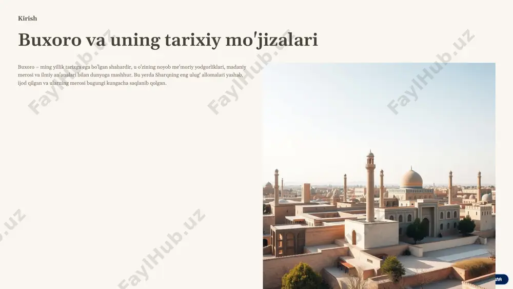 adi. anʼanaviy madrasalardan farqli oʻlaroq, u avvaliga karvonsaroy sifatida qurilgani sababli, ayrim jihatlari bilan farqlanadi. madrasaning peshtoqi janubga qaragan bo‘lib, labihovuz majmuasiga qaratilgan. madrasa binolari anʼanaviy gumbazli va peshtoqli uslubda qurilgan bo‘lsa-da, uning ichki hovlisi va hujralarining joylashuvi o‘ziga xos tarzda rejalashtirilgan. bu xususiyatlar uni boshqa buxoro madrasalaridan ajratib turadi. 5 peshtoqdagi betakror mozaikalar va ramziy tasvirlar peshtoqdagi mozaikalar: madrasaning peshtoqi betakror mozaikalar bilan bezatilgan bo‘lib, unda hayvonlar va qushlar tasvirlari mavjud. ramziy tasvirlar: ikki tomonda afsonaviy qushlar (semurg‘), markazda esa quyosh tasviri, uning yuzida inson chehrasi aks etgan. sherlar va g‘azallar: peshtoqning pastki qismida o‘simlik naqshlari orasida yugurayotgan sherlar (ba'zan yo'lbarslar deb ham ataladi) tasviri mavjud. ma'nosi: bu tasvirlar o‘sha davr me'morchiligi va san’atidagi ramziy ma'nolarni aks ettiradi, dunyoqarash va falsafani ifodalaydi. 6 madrasaning ichki tuzilishi: hujralar, ayvonlar va hovli nodirdevonbegi madrasasining ichki tuzilishi talabalar uchun qulay sharoitlarni ta'minlagan. keng hovli atrofiga joylashgan kichik hujralar talabalarning yashashi va ta'lim …