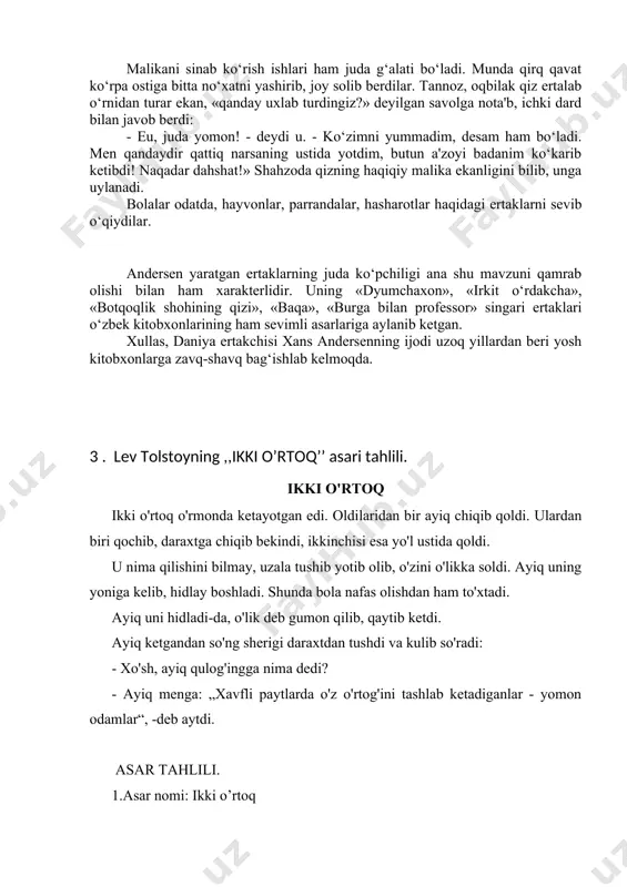 ishiga bog‘liq ekanligini o‘qiymiz. shohona qasrga to‘plangan, bashang yuyingan bir to‘da aslzoda bolakaylar og‘izlarini to‘ldirib maqtanishar, ota-onalarining hisobsiz boyliklari bilan quvonishar, kelajakda ota-onalaridan ham badavlatroq bo‘lish uchun harakat qilishlarini kibor bilan ta'kidlar edilar. bu boy-badavlat bolalarning bir-birlariga gap bermay maqtanishlarini yirtiq-yamoq kiyim kiyib olgan bir kambag‘al bola tinglab chuqur xo‘rsinar, «bularga yetishga bizga yo‘l bo‘lsin», deb qo‘yar edi u o‘zicha. ertakchining «no‘xat ustidagi malika» asari yosh kitobxonning ham kulgisini qistatadi, ham tannoz malikaga nisbatan qahr-g‘azabini keltiradi. bir shahzoda haqiqiy malikaga uylanish uchun butun yer yuzini, shaharu qishloqlarni qidirib hech qaerdan haqiqiy malikani topa olmaydi. hafsalasi pir bo‘lgan, tarvuzi qo‘ltig‘idan tushgan shahzoda qasrga qaytadi. kunlardan bir kuni ko‘z ko‘rib, quloq eshitmagan mo‘jiza yuz berdi: «bir oqshom havo aynigandan-aynibdi: shunday chaqmoq chaqib, momaqaldiroq gulduros solibdiki, yomg‘ir chunonam chelaklab quyib beribdiki, dahshatning o‘zginasi. to‘satdan shahar darvozasi taqqilab qolibdi: keksa qirol borib darvozani ochibdi. darvozada malika turardi. yo qudratingdan, uni nimaga o‘xshatish mumkin! suv …