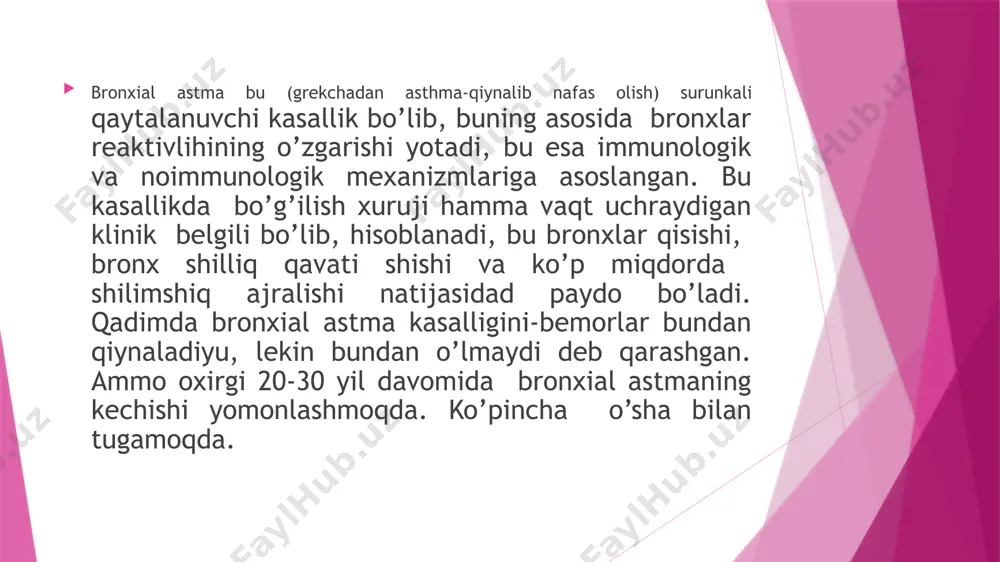 mati ko’rinadi, halloslashi kuchaygani sayin yuzi ko’karadi. bemorga sinchiklab qaralsa, ko’krak qafasi kattalashganligi bilinadi. perkussiyada o’pka ustiga auskultatsiyada o’pkadagi nafas tovushlari sustlashib, xushtak ovozini eslatuvchi xirillashni eshitish mumkin. kasallik xuruji vaqtida gavda harorati o’zgarmaydi. ba’zan qisqa vaqt isitma ko’tarilishi mumkin. xuruj davri yarim soatdan 2-3 soatgacha davom etsa (bir necha kun, hatto haftagacha) cho’zilib ketishi mumkin. xuruj uzoq vaqt davom etsa, bemorning yuzi kerkib, ter bosadi, qo’l oyoqlari sovuydi. xuruj oxirida yo’tal tutadi, ko’karadi, so’ngra bemor yopishqoq shishasimon balg’am tashlaydi. xuruj o’tib ketgach, bemor o’zini yaxshi his qila boshlaydi. odatda astma xuruji dastlab kamroq bo’lib, keyinchalik tez-tez tutib turadi. bronxial astmaga tashxis qo’yish qiyin emas: tirik ko’rinishdagi xuruj nafas chiqarish qiyinlashib, bo’g’ilish, balg’amda krushman spirallari, sharko-leyden kristallari bo’lishi, qonda eozinofillar ko’payishi kuzatiladi, allergenlar bilan muloqotda bo’lish kasallikka aniq tashxis qo’yishga asos bo’ladigan belgilardir. davolash va progilaktikasi. kasallik xurujlari oralaridagi davrda davo keyingi xurujning oldini olishga qaratiladi. xuruj qilganda hamshira, shifokor …