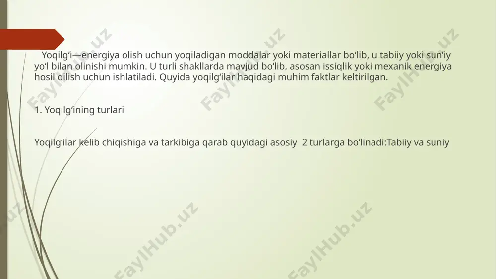 h: yonilg‘i yoqilganda karbonat angidrid (co₂), azot oksidlari (noₓ), oltingugurt oksidlari (soₓ) kabi zararli gazlar chiqadi. issiqxona effekti: fosil yoqilg‘ilar yoqilishi natijasida karbonat angidrid co₂ atmosferada to‘planib, global isishga sabab bo‘lmoqda. havo sifati: transport vositalaridan chiqadigan gazlar inson salomatligiga zarar yetkazadi. 5. kelajak yoqilg‘ilari va alternativ energiya manbalari vodorod yoqilg‘isi – yonish mahsuloti sifatida faqat suv bug‘ini hosil qiladi, ekologik jihatdan toza. biogaz – organik chiqindilarni qayta ishlash natijasida olinadi. quyosh va shamol energiyasi – qayta tiklanuvchi va ekologik xavfsiz. yadroviy energiya – uran va plutoniydan olinib, katta miqdorda energiya ishlab chiqaradi. 6. yoqilg‘idan foydalanish sohalari transport: avtomobillar, samolyotlar, kemalar, poyezdlar. sanoat: metallurgiya, kimyo, tsement ishlab chiqarish. elektr stansiyalari: ko‘mir, gaz, neft va atom elektr stansiyalari. isitish tizimlari: qozonxonalar, issiq suv ta’minoti. foydalanilgan adabiyotlar. r.a.zohidov, m.m.alimova, sh.s.mavjudova “issiqlik texnikas” darslik toshkent. 2010 j.nurmatov, n.xalilov, m.isroilov, k.sultonov, s.ubaydullayev” issiqlik texnikasi asoslari” darslik.2003 p.x.musayev “statistik fizika va termodinamika” r.a.axtamov, a.a.axmedov “issiqlik va …