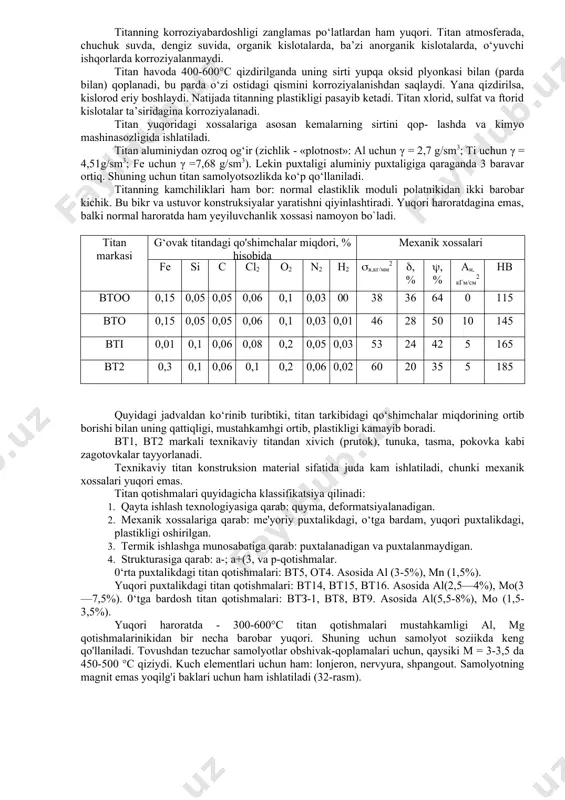 оконаг- руженный») kontaktlarda ishlatiladi. w ning erish harorati ancha yuqori - 3410°c. u qattiq qotishmalarni ishlab chiqarishda va po‘lat!arni legirlashda ishlatiladi. nb — atom texnikasida, elektrotexnikada, radioelektronikada, asbobsozlik va o‘tga chidamli po‘latlarni ishlab chiqarishda qo‘llaniladi. та — tashqi muhit ta’siriga chidamliligi nodir metallardan qolishmaydi. shuning uchun u korroziya va yeyilishga chidamli qotishmalar olishda ishlatiladi. reniy — mexanik xossalari yuqori, elastik deformatsiyasi yuqori, korroziyabardosh. reniyning molibden va nikel bilan qotishmasi yuqori haroratda ham yuqori puxtalikka ega. sirkoniy q.e.m lar ichida eng ko‘p qo’llaniladigani. sababi, tabiatda yetarli tarqalganligi, korroziyabardoshligi va texnologikligidir. uni tozalab «naklyop» — qilinsa, uning mexanik xossalari ortadi. k.e.m, asosan, kukun metallurgiyasi usuli bilan qayta ishlanadi. titan 1725°c da eriydi, 3000 °c da qaynaydi. solishtirma og'irligi 4,54 kg/sm3. ikki xil allotropik shaklga ega: 882°c dan yuqorida (3-titan, pastda α-titan holida. α-titanning kristall panjarasi geksagonal, atomlari zich joylashgan. (3-titanning kristall panjarasi hajmi markazlashgan kub. titan 1791 -yilda kashf etilgan. yer po‘stlog‘idagi …