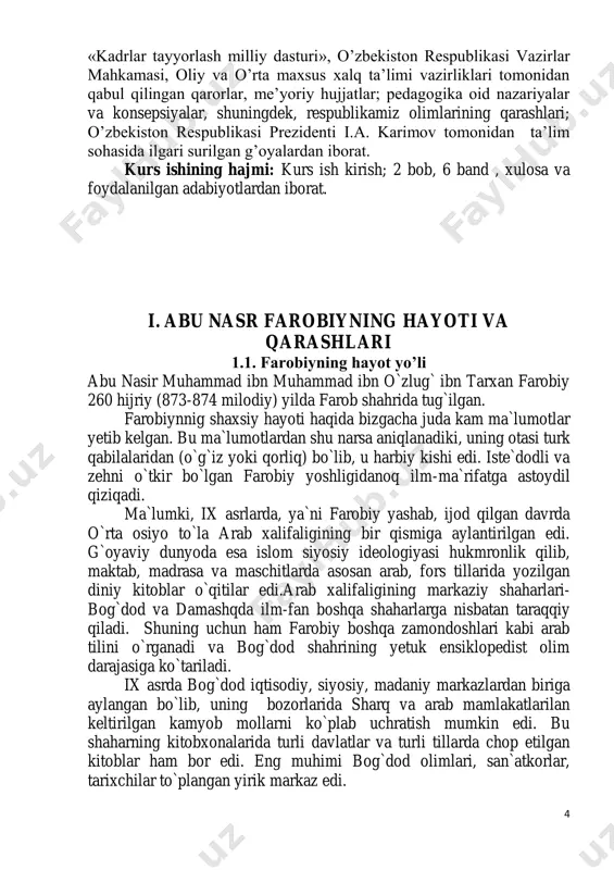 lari bo`yicha chuqur bilimga ega bo`lganligi haqida va u juda ko`plab tillarni bilganligi haqida hikoya qilinadi. 1.2. farobiyning inson kamoloti haqidagi qarashlari farobiy yosh avlodni kamolga yetkazishda u yashayotgan jamiyatdagi muhit, hayotiy tajriba, talim-tarbiyaning ta`siri va bu ta`sir natijasida ular o`zlaridagi ijobiy yoki salbiy xislat-fazilatlarni namoyon qilishlarini aytadi. “insonlar tug`ilganda kamolotli bo`lib tug`imaydi, ularni orasida aslida farq ham bo`lmaydi, ularning xulqi, faoliyati, hayoti o`xshash bo`ladi, keyinchalik esa o`zgaradi, ya`ni ijtimoiylashuv jarayonida jamiyatda odamlar ming yillardan beri amal qilib kelayotgan qadiriyatlarni va me`yorlarni qabul qiladilar. ularga moslashadilar voqealar va muhit ta`sirida yaxshi yoki yomon odatlarni o`rganadilar, shu bois odamlardagi xato va kamchilik, yutuq va muvaffaqiyatlar ularda jamiyatda keyinchalik shakllanadi. inson jamiyatdagi qarama –qarshiliklarni o`ziga singdira boshlaydi, har xil mushkulotlarga duch keladi. inson faoliyatining adolatga yaqinligi yoki uzoqligi uning aqliga, xulqiga, yashagan jamiyatiga bog`liq. agar unda yomonlik fikrlari ozroq bo`lsa, adolatga yaqin bo`ladi, agar ko`proq bo`lsa adolatdan, insofdan uzoqroq bo`ladi. xulq albatta …