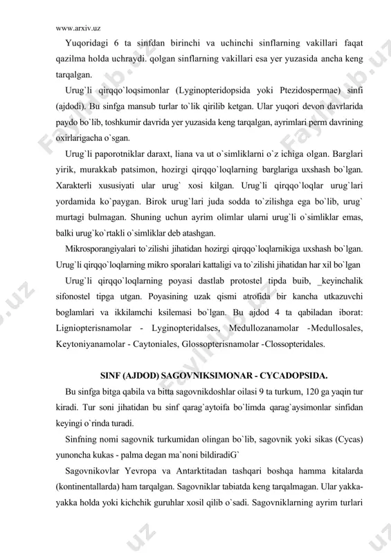 lar sinfidan keyingi o`rinda turadi. sinfning nomi sagovnik turkumidan olingan bo`lib, sagovnik yoki sikas (cycas) yunoncha kukas - palma degan ma`noni bildiradig` sagovnikovlar yevropa va antarktitadan tashqari boshqa hamma kitalarda (kontinentallarda) ham tarqalgan. sagovniklar tabiatda keng tarqalmagan. ular yakka-yakka holda yoki kichchik guruhlar xosil qilib o`sadi. sagovniklarning ayrim turlari urmonlarda ussa, masalan avstraliyada evkalipt urmonlari orasida yoki amerikada doim yashil eman urmonlarida, ayrim turlari esa ochiq joylarda afrika savannalarida akasiyalar bilan birgalikda uchraydi. sagovniklarning tropik va subtropik xududlarida tarqalgan turlari ularning eng qadimgi turlari sanaladi va ular mezozoy erasida keng tarqalgan bo`lib, bizning davrimizgacha yetib kelgan. keyingi ma`lumotlar bo`yicha sagovniklar qo`yi karbonda paydo bo`lib ular kelib chiqishi jihatidan urug`li qirqqo`loqlar bilan bog`liq deb ko`rsatiladi. sagovniklar hayotiy shakliga ko`ra asosan daraxt va butalardan iborat, lyokin poyasi to`lik yer ostida yoki tanasining bir qismigina yer ustida joylashgan turlari ham bor. yer ustida esa asosan barglari joylashgan. ba`zi birlarida yer usti poyalari tugunaksimon …