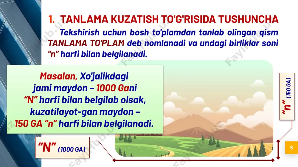 rda amalga oshirilishi mumkin: 3. tipik (rayonlashtirilgan) tanlash. bunda bosh to'plam tiplarga ajratilib (yoki rayonlashtirilib), so'ngra tasodifiy yoki mexanik usulda birliklar tanlab olinadi. bu quyidagi tartibda o'tkaziladi: bosh to'plam bir jinsli guruhlarga bo'linadi; har bir guruhning to'plamdagi salmog'i aniqlanadi; har bir guruhdan birliklar ularning salmog'iga qarab mutanosib ravishda tasodifiy yoki mexanik usulda tanlanadi. 19 tanlama kuzatish usullari bosh to'plamdan birliklarni tanlab olish quyidagi usullarda amalga oshirilishi mumkin: 4. seriyali (uyali) tanlash. bunda bosh to'plamning birliklari emas, balki guruhlar, uyalar, seriyalar olinadi. masalan, hududlar (aholi manzilgohlari), studentlar guruhi, korxonalar va shu kabilar misol bo'la oladi. 5. ko'p bosqichli tanlash. bunda bosh to'plamning birliklari emas, balki guruhlar, uyalar, seriyalar olinadi. masalan, hududlar (aholi manzilgohlari), studentlar guruhi, korxonalar va shu kabilar misol bo'la oladi. 20 tanlama kuzatish usullari bosh to'plamdan birliklarni tanlab olish quyidagi usullarda amalga oshirilishi mumkin: 6. ko'p fazali tanlash. bunda bosh to'plam birliklari bir necha fazaga bo'linib o'rganiladi. lekin har …