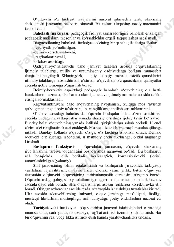 ida tayyorgarlik darajasini o‘rganish orqali tegishli o‘quv-tarbiya maqsadlarini shakllantirish; · o‘quv motivatsiyalari asosida o‘quv-tarbiya jarayoni ishtirokchilarining aqliy rivojlanganlik darajasini aniqlash; · o‘quv-tarbiya jarayoni ishtirokchilarining faoliyati yakuni sifatida bilim natijalarini va ta’lim sifati darajasini aniqlash; · o‘quv-tarbiya jarayonida yuzaga keladigan kamchiliklarni aniqlash va ularni bartaraf etishga yo‘naltirilgan metodikalar ishlab chiqish; · ishlab chiqilgan ta’limiy mezonlar orqali o‘quvchining sinfdan sinfga o‘tishda, mutaxassislikka qabul qilinishida minimal talablarga javob berishini belgilash. · shaxsga yo‘naltirilgan yondashuvni amalga oshirish. · o‘qituvchi kasbiy diagnostika natijalarini aniq baholash. · pedagogik jarayonda yuzaga keladigan xatolarni minimum darajaga etkazish. · bola shaxsining o‘z-o‘zini rivojlantirishi uchun qulay shart-sharoitlarni aniqlash; · o‘qituvchi-tarbiyachi faoliyatini baholash (o‘zining kasbiy rivojlanish darajasiga baho berish). ta’lim-tarbiya jarayoniga turli texnologiyalar, innovatsiyalarni qo‘llashning zamonaviy sharoitida ta’lim muassasalarida ro‘y beradigan turli pedagogik hodisalar va jarayonlarning kuchli va kuchsiz tomonlari haqidagi ma’lumotlarni aniq solishtirish va qiyoslash tobora muhim ahamiyat kasb etib boradi. bunday ma’lumotlarni pedagogik diagnostika natijasida aniq olish imkoniyati tug‘iladi. …