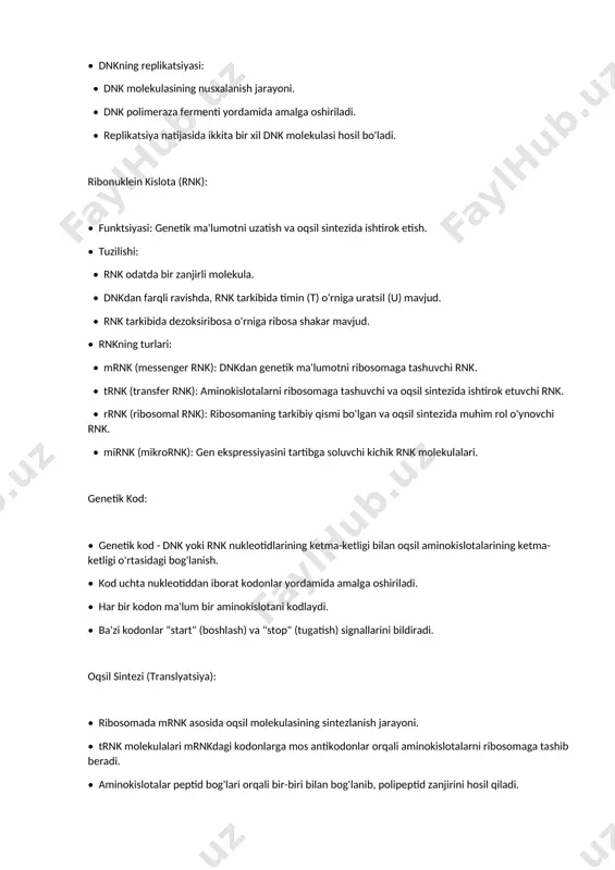 shakar mavjud. • rnkning turlari: • mrnk (messenger rnk): dnkdan genetik ma'lumotni ribosomaga tashuvchi rnk. • trnk (transfer rnk): aminokislotalarni ribosomaga tashuvchi va oqsil sintezida ishtirok etuvchi rnk. • rrnk (ribosomal rnk): ribosomaning tarkibiy qismi bo'lgan va oqsil sintezida muhim rol o'ynovchi rnk. • mirnk (mikrornk): gen ekspressiyasini tartibga soluvchi kichik rnk molekulalari. genetik kod: • genetik kod - dnk yoki rnk nukleotidlarining ketma-ketligi bilan oqsil aminokislotalarining ketma-ketligi o'rtasidagi bog'lanish. • kod uchta nukleotiddan iborat kodonlar yordamida amalga oshiriladi. • har bir kodon ma'lum bir aminokislotani kodlaydi. • ba'zi kodonlar "start" (boshlash) va "stop" (tugatish) signallarini bildiradi. oqsil sintezi (translyatsiya): • ribosomada mrnk asosida oqsil molekulasining sintezlanish jarayoni. • trnk molekulalari mrnkdagi kodonlarga mos antikodonlar orqali aminokislotalarni ribosomaga tashib beradi. • aminokislotalar peptid bog'lari orqali bir-biri bilan bog'lanib, polipeptid zanjirini hosil qiladi. nuklein kislotalarning funktsiyalari: 1. genetik ma'lumotni saqlash: dnk organizmning genetik ma'lumotini saqlaydi. 2. genetik ma'lumotni uzatish: mrnk dnkdan …