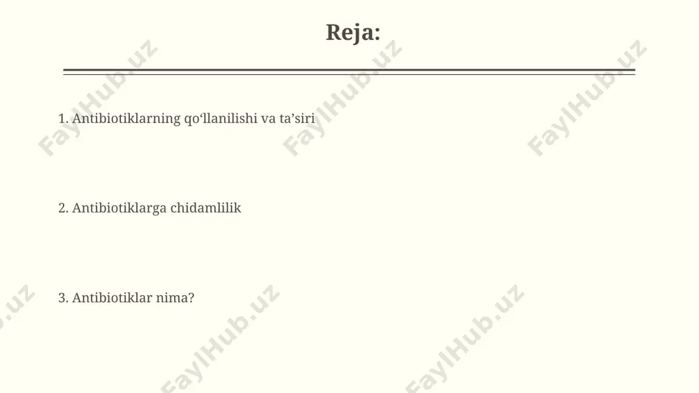 ya etiladi, chunki antibiotiklar ichakdagi foydali bakteriyalarni yo‘q qilishi mumkin. antibiotik davolash kursini tugatgandan keyin 2-4 hafta davomida qon tahlillarini nazorat qilish, jigar va buyrak funksiyalariga zarar yetkazilishining oldini olish uchun muhimdir. bakteriyalar va antibiotiklarga chidamlilik antibiotiklarni noto'g'ri va ortiqcha qo'llash, masalan, virusli infektsiyalarni davolashda, bakteriyalarning chidamliligini rivojlanishiga hissa qo'shadi, chunki bu selektiv bosimni oshiradi va faqat chidamli bakteriyalar omon qoladi. jahon sog'liqni saqlash tashkiloti (jsst) ma'lumotlariga ko'ra, har yili 700,000 dan ortiq odam antibiotiklarga chidamli infektsiyalardan vafot etadi va bu raqam 2050 yilga kelib 10 millionni tashkil qilishi taxmin qilinmoqda. antibiotiklarni qo'llash usullari antibiotiklarni qabul qilish rejimiga (masalan, kuniga 2 yoki 3 marta) qat'iy rioya qilish va dozani o'zboshimchalik bilan o'zgartirmaslik juda muhim, aks holda davolanish samarasiz bo'ladi. bakteriyalarning antibiotiklarga chidamliligi xavfini kamaytirish uchun, faqat shifokor tavsiyasi bilan va aniq bakteriyalar turi aniqlangandan so'ng antibiotiklarni qo'llash lozim. makrolidlar makrolidlar, masalan, eritromitsin kabi, bakteriyalarni oʻsishini 50s ribosomali subbirliklariga bogʻlanib toʻxtatadi …