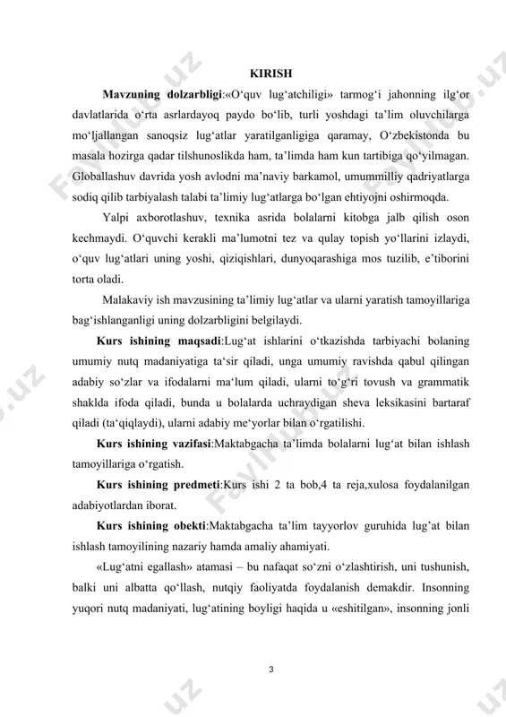 hida lug’at bilan ishlash tamoyilining nazariy hamda amaliy ahamiyati. «lug‘atni egallash» atamasi – bu nafaqat so‘zni o‘zlashtirish, uni tushunish, balki uni albatta qo‘llash, nutqiy faoliyatda foydalanish demakdir. insonning yuqori nutq madaniyati, lug‘atining boyligi haqida u «eshitilgan», insonning jonli nutqini bezab turgan taqdirdagina so‘z yuritish mumkin. lug‘at ishidagi asosiy jihat – bu faqat bolalarga yangi so‘zni tanishtirish emas, balki ularni faol nutqqa kiritishdir. maktabgacha ta‘lim muassasasidagi lug‘at ishi – bu bolalarning faol lug‘atini notanish yoki ular uchun qiyin bo‘lgan so‘zlar bilan reja asosida boyitib borishdan iboratdir. o‘zbek tili lug‘ati to‘xtovsiz tarixiy rivojlanish jarayonida bo‘ladi. undagi o‘zgarishlar eng avvalo insonning ishlab chiqarish faoliyati, jamiyatning rivojlanishi bilan bog‘liqdir. yangi narsalar va hodisalarning paydo bo‘lishi bilan ularni nomlovchi yangi tushunchalar va so‘zlar ham paydo bo‘ladi. bundan tashqari ilgaridan mavjud bo‘lgan ayrim so‘zlar yangilanadi, ularning ma‘nosi o‘zgaradi, ko‘p so‘zlar muomaladan chiqib ketadi. bolalar bilan lug‘at ishlarini o‘tkazishda so‘zning rivojlanuvchi tusga egaligini hisobga olish zarur. o‘zbek …