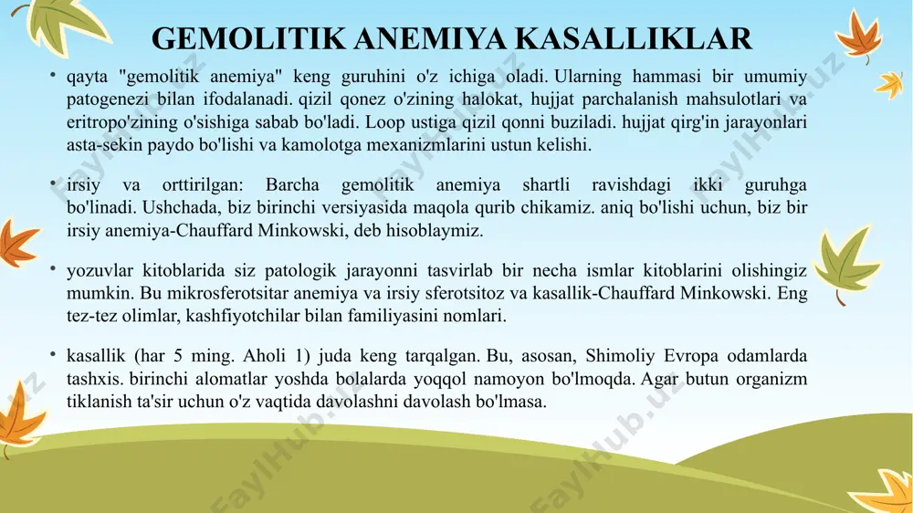 bo'lib, 5000 tug'ilishda 1 marta uchraydi. hsning klinik zo'ravonligi simptom-freekariyerdan og'ir gemolizgacha farq qiladi, chunki buzilish namoyon bo'ladi to'liq bo'lmagan penetratsiya unda ifoda. irsiy elliptotsitoz irsiy elliptotsitoz, shuningdek, nomi bilan tanilgan ovalotsitoz, bu odamning g'ayritabiiy ko'pligi bo'lgan irsiy qon kasalligi qizil qon hujayralari bor elliptik odatdagi bikoncave disk shakli o'rniga. bunday morfologik jihatdan ajralib turadigan eritrotsitlar ba'zida elliptotsitlar yoki ovalotsitlar deb ataladi. bu qizil hujayra membranasining ko'plab nuqsonlaridan biridir. jiddiy shakllarda ushbu buzuqlik oldindan belgilanadi gemolitik anemiya. odamlarda patologik bo'lsa-da, ellipoksitoz normal hisoblanadi 11 talassemiya talassemiya meros qilib olinadi qon kasalliklari pasayishi bilan tavsiflanadi gemoglobin ishlab chiqarish. semptomlar turga bog'liq va hech kimdan og'irgacha o'zgarishi mumkin ko'pincha engil va og'ir darajalarda bo'ladi anemiya (past qizil qon hujayralari yoki gemoglobin). anemiya hissiyotga olib kelishi mumkin charchagan va rangsiz teri. suyak bilan bog'liq muammolar ham bo'lishi mumkin, an kengaygan taloq, sarg'ish teriva siydik qorong'i. bolalarda sekin o'sishi mumkin. talassemiyalar genetik kasalliklar insonning …