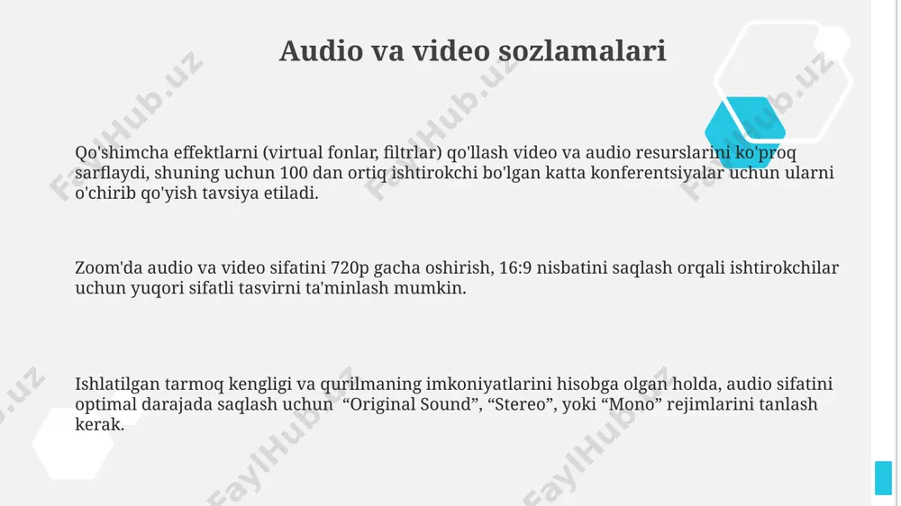 lmaning parametrlariga bog'liq. shu sababli, taqdimot materiallarini oldindan tayyorlash va sinovdan o'tkazish juda muhim. zoom platformasida ekranni baham ko'rish uchun 3 ta asosiy usul mavjud: asosiy ekran, alohida oynalar va dasturlar. ushbu funksiyalarni ishlatishdan avval ishtirokchilarga kerakli ruxsatlarni berishni unutmang. konferensiya sozlamalari va xususiyatlari xavfsizlikni ta'minlash uchun zoom konferensiyasining parol himoyasi, kutish xonasi va ekranni ulashishni boshqarish kabi 3 ta asosiy xususiyatidan foydalaning. konferensiya sozlamalarida "breakout rooms" funksiyasi orqali katta guruhlarni 50 tagacha kichik guruhlarga bo'lish va ularning ishlarini nazorat qilish mumkin. zoom konferensiyasining xususiyatlaridan biri 1000 kishigacha ishtirokchini qo'llab-quvvatlashi, lekin bu webinar rejimida, oddiy uchrashuvlar uchun esa cheklovlar kamroqdir. anketalar va testlarni o'tkazish zoom anketalari natijalarini excel yoki google sheets formatiga eksport qilish orqali keyinchalik tahlil qilish va hisobot tayyorlash imkoniyati mavjud. anketalarni yaratishda turli xil savol turlarini (bir nechta javob tanlash, ochiq javob, reyting va boshqalar) qo'llash orqali ma'lumotlarni to'plash samaradorligini oshirish mumkin. zoom platformasida 100 tagacha ishtirokchiga …