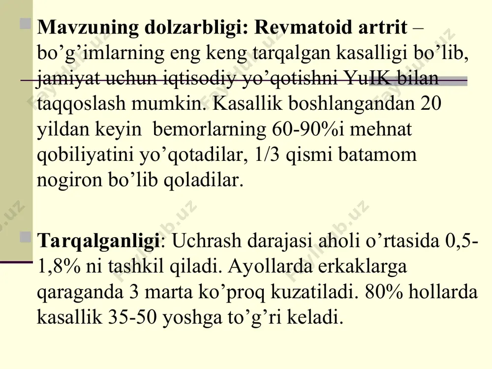 i mutaxassislar tomonidan revmatoid artrit autoimmun kasallik deb qaraladi. ushbu kasalliklar guruhi himoya hujayralari – limfotsitlar faoliyatining o'zgarishi bilan tavsiflanadi. ular begona bakteriyalarni, zamburug'larni, viruslarni faol ravishda tanib olish va ularni yo'q qilish o'rniga, o'zlarining sog'lom hujayralariga hujum qilishni boshlaydilar. immun tizim hujayralari o'zaro ta'sirining buzilishi quyidagi bosqichlardan iborat: sinoviositlar makrofaglar xususiyatlariga ega bo'lib qoladi, yallig'lanishga olib keluvchi sitokinlarni, birinchi navbatda o'sma nekrozi omili α, interleykin 1 ni ajratib, antigen ishlab chiqaruvchi hujayralarga aylanadi va t-xelperlarning faollashishiga olib keladi. • sinovial suyuqlik hujayralarida va bo'g'imning sinovial qobig’ida ko'p sonli t-xelperlari paydo bo'lib, ular γ-interferon chiqaradi va makrofaglarni faollashtiradi faollashgan makrofaglar va monositlar yallig'lanishga olib keluvchi sitokinlarni ishlab chiqaradi: o'sma nekrozi omili α, il-1, il-6. • sinovial suyuqlikda il-8 kontsentratsiyasining ortishi undagi neytrofillarning yuqori konsentratsiyasini keltirib chiqaradi. • il-1 isitmani, osteoklastlarning faollashuvini keltirib chiqaradi, bu esa subxondral suyak plastinkasining osteoporoziga olib keladi. o'sma nekrozi omili endotelial hujayralar yuzasida adgeziya molekulalarining paydo …