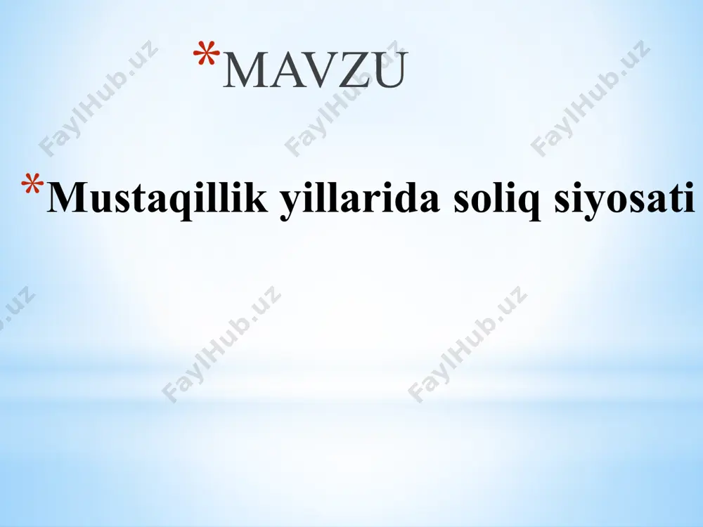 _tizimi_muammolar_va_istiqbollar1 1-bosqich birinchi bosqich — 1991-1994-yillarda soliqqa oid qonun hujjatlarini yaratish; tamomila yangi soliqlar va toʻlovlar tizimini barpo etish va ularni xoʻjalik amaliyotiga joriy etish; moliyaviy mablagʻlarni i. ch. infratuzilmasini rivojlantirish, oʻz-oʻzini strategik resurslar bilan taʼminlashga erishish maqsadlarida qayta taqsimlash; narxlarning oʻsishi va i. ch. ning pasayishi sharoitida aholining turmush darajasi pasayib ketmasligi va ijtimoiy barqarorlikni saqlash; mustaqil tizim sifatida davlat soliq xizmatini shakllantirish vazifalari bajarildi. https://www.norma.uz/oz/raznoe/soliq_tizimi_muammolar_va_istiqbollar1 ikkinchi bosqich — 1995—1999-yillarda soliq tizimini takomillashtirish va korxonalarga nisbatan soliq yukini kamaytirish boʻyicha soliq islohotlari amalga oshirildi. bu davrda soliqlarga doir mavjud qonun hujjatlari asosida oʻzbekiston respublikasining soliq kodeksi ishlab chiqildi va 1997- yilda qabul qilindi. . uchinchi bosqich — 2000-yildan boshlab soliq islohotlari qonunchilikka kiritilayotgan oʻzgarishlar asosida fuqarolar va korxonalar uchun soliq, yukini yanada kamaytirish, ayrim soliq turlarini bekor qilish, kichik va oʻrta tadbirkorlik subyektlarini soliqqa tortish tizimini soddalashtirish, samarali soliq tizimi tamoyillarini yana-da toʻliq roʻyobga chiqarish, jahon andozalariga mos soliq …