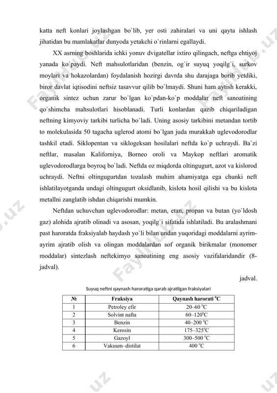i qaynash haroratiga qarab ajratilgan fraksiyalari № fraksiya qaynash harorati 0c 1 petroley efir 20–60 0c 2 solvint nafta 60–1200c 3 benzin 40–200 0c 4 kerosin 175–3250c 5 gazoyl 300–500 0c 6 vakuum–distilat 400 0c benzin. ichki yonuv dvigatel silindrida benzin yonayotganda, murakkab kimyoviy jarayon sodir bo`ladi. ideal sharoitda yonilg`i butunlay yonib quyidagi reaksiyaga asosan karbonat angidrid va suv hosil bo`lishi kerak: agar reaksiya haddan tashqari tez ketsa, yonish vaqtida detonatsiya hodisasi, ya`ni paqillab yonish sodir bo`ladi va dvigatelning tortish kuchi pasayib ketadi. ma`lum bo`lishicha, bu hodisa ham yoqilg`ining kimyoviy tarkibiga bog`liq ekan. normal tuzilishga ega bo`lgan parafinlar (n-oktan) detonatsiya ancha moyil, tarmoqlangan parafinlar (izooktan) esa detonatsiyaga kamroq uchrab, ichki yonuv dvigatellarda yaxshi yonuvchi modda hisoblanadi: amalda bunday izooktan standart yaxshi yoqilg`i, n geptan esa standart yomon yoqilg`i etaloni sifatida qabul qilingan. tarkibida 70 % izooktan bor aralashma motorda sinalayotgan benzin kabi yonsa, unda bu benzinning «oktan soni» 70 deb …