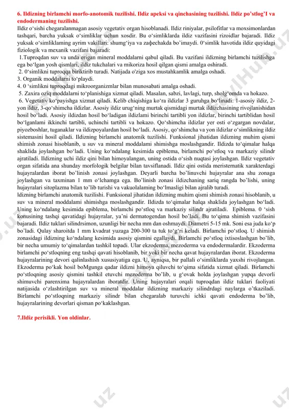 lar turiga ko‘ra, suv yoki havo to'plovchi rezervuar hisoblanadi. aerenxima (aero… va yunoncha enchima — quyilgan, bu erda toʻqima) — oʻsimliklarning nafas olish funksiyasini bajaradigan havo saqlovchi toʻqimasi. aerenxima ancha keng hujayralar oraligʻi va har xil shakldagi hujayralardan tashkil topgan parenxima hisoblanadi. baʼzan aerenxima tarkibiga mexanik, ayiruvchi va b. xil hujayralar ham kiradi. aerenxima gaz almashinuvi va ichki toʻqimalarning kislorod bilan taʼminlanishi qiyinlashadigan muhitda oʻsadigan suv va botqoq oʻsimliklari (sholi, kurmak, qamish, qiyoq)da rivojlangan. kollenxima. tirik hujayralardan iborat bo‘lib, hujayra po‘sti sellyulozali bo‘ladi. kollenxima asosan epiderma ostida joylashgan birlamchi po‘stloqning parenxima hujayralaridan vujudga keladi. hujayralar bo‘yiga cho‘zilib, faqat burchakh qalinlashgari bo‘lsa, burchakli kollenxima deyiladi (21-rasm). hujayralaming oldingi va keyingi devorlari qalinlashgan bo‘lsa, plastinkasimon kollenxima deyiladi. kollenxima hujayralarining kattaligi 2 mm gacha boradi. yalpizdoshlar, ziradoshlar, qovoqdoshlar oilalarining poya qirralari kollenxima hujayralari bilan to ‘la bomadi. kollenxima po‘stiga xlorruxyod eritmasi ta'sir ettirilsa, moviy tusga kiradi. bu esa hujayra po'sti sellyulozadan iboratligidan dalolat …