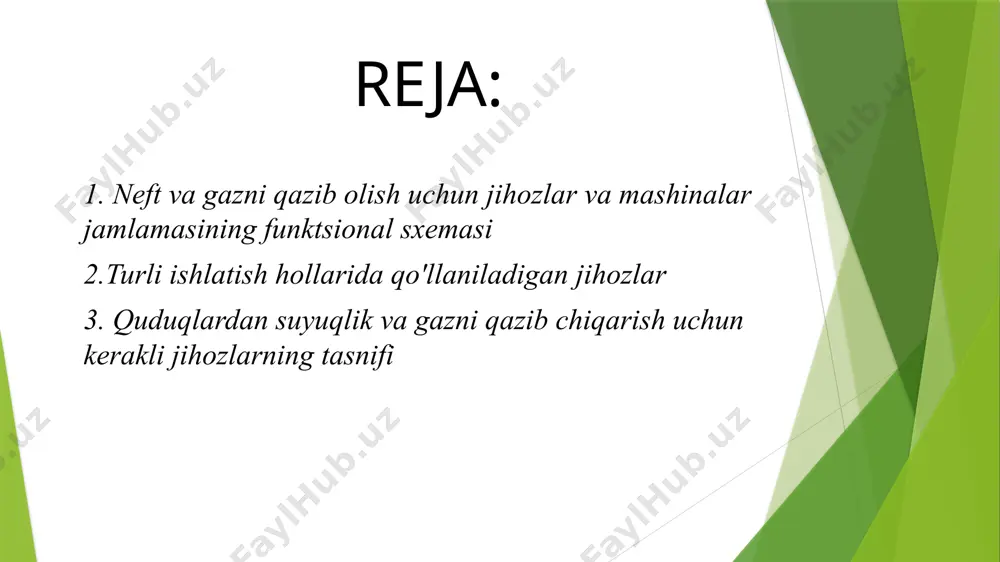 gi esa - qatlamgasuv va gaz haydashda foydalaniladi, qatlamdagi suyuqliklar kompleks jihozlar va ishlatish quduqlari orqali qazib olinadi qatlam suyuqliklari tarkibida neftli suv, gaz, mexamk aralashmalar bo’ladi, yig'ish tizirni orqali yig'iladi va neftga, suvga, gazga va boshqa komponentlarga ajratiladi, undan keyin esa tuzsizlantiriladi, suvsizlantiriladi va tovar sifatida iste’molchilarga yo’naltiriladi. gazga dastlabki ishlov berilgandan so'ng undan quruq gaz ajratib olinadi. bunda hamma texnologik jarayonlar kompleks jihozlar (3) yordamida amalga oshiriladi. neft zaxirasini to'liq qazib olish va jadallashtirish uchun (11) kompleks jihozlardan foydalaniladi hamda uning tarkibiga qatlamga kislotali ishlov berish, gidravlik yorish va issiqlik usulida ta'sir etuvchi jihozlar ham kiradi. qatlam bosimini saqlab turish va energiyani tiklashda qatlamga bosimli va kammunikatsiya jihozlari (6) yordamida suv va gaz shu jumladan qazib olingan suv qaytadan qatlamga hamda quruq gaz ham haydaladi. bundan tashqari qazib olingan qatlam suyuqliklarini va suvning o'rnini to’ldirish maqsadida boshqa manbalardan suv qo'shiladi va maxsus jihozlar (6) yordamida ishlov berish ta'minlanadi. …
