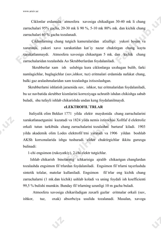 ak) absorbciya usulida tozalanadi. masalan, xavoga chikarilaetgan so gazi oxak eritmasi orkali tozalanganda kal`ciy sul`fat tuzi xosil kiladi. zaxarli gazlar kum, so + cao + h o= caso + h o tuprok, egoch kipiklari, aktivlashtirilgan kumir kattik moddalar orkali absorbciya usulida tozalanadi. bunga misol kilib protivogazni olish mumkin. adabiyotlar: 1. abdullaev o., toshmatov z., uzbekiston ekologiyasi bugun va ertaga. t. fan, 1992 y. 2. rafikov a.a., geoekologik muammolar. t.ukituvchi, 1997, 112b. 3. otaboev sh., nabiev m. inson va biosfera. t.ukituvchi, 1995, 320 b. 4. tuxtaev a.s. ekologiya. t.ukituvchi, 1988, 192b. 5. shodimetov yu. ijtimoiy ekologiyaga kirish. t.ukituvchi, 1994. 6. www.ziyonet.uz