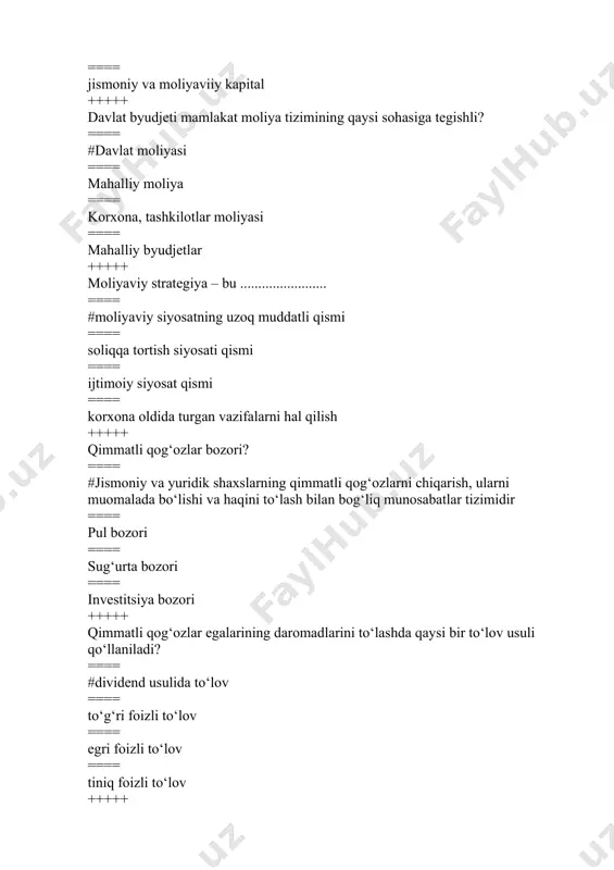 rlar berilgan? ==== #“respublika haqida olti kitob” ==== “respublika haqida sakkiz kitob” ==== “respublika haqida yetti kitob” ==== “respublika haqida kitob” +++++ takror ishlab chiqarish jarayoni o’z ichiga necha bosqichni qamrab oladi? ==== #4 ta ==== 6 ta ==== 5 ta ==== 7 ta +++++ takror ishlab chiqarish jarayonining har bir ishtirokchisi o’ziga tegishli bo’lgan daromadni necha qismga bo’ladi? ==== #2ta qismga iste’mol va jamg’arma fondi. ==== 4ta qismga ishlab chiqarish, ayirboshlash, taqsimlash, iste’mol ==== 3ta qismga ishlab chiqarish fondi,jamg’arma fondi, iste’mol fondi ==== 3 ta qismga ishlab chiqarish, ayirboshlash, iste’mol +++++ davlat moliyasi va mahaliy moliya necha turga bo’linadi? ==== #3ta:davlat byudjeti,davlat maqsadli fondlari, davlat krediti ==== 4ta: notijorat tashkilotlar moliyasi, davlat byudjeti,davlat maqsadli fondlari,davlat krediti ==== 5ta:moliyaviy vositachilar moliyasi, notijorat tashkilotlar moliyasi, davlat byudjeti, davlat maqsadli fondlari, davlat krediti. ==== 4 ta davlat byudjeti, davlat maqsadli fondlari, davlat krediti, tijorat korxonalar moliyasi, +++++ xo’jalik yurituvchi sub’ektlar moliyasi necha …
