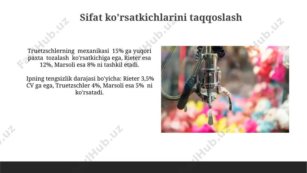 rzon narxi o'rtasida sezilarli farqlar mavjud. truetzschler kompaniyasining toqish mashinalari truetzschler kompaniyaning td8 yigirish mashinalari yuqori sifatli ip ishlab chiqarishga qodir bo'lib, 500 dan ortiq shpindelga ega bo'lishi mumkin va energiya samaradorligi jihatidan yuqori ko'rsatkichlarga ega. truetzschlerning rotorli yigirish mashinalari odatda 150-300 kg/soat oralig'ida ishlab chiqarish quvvatiga ega va turli xil ip zichliklarini ishlab chiqarish imkoniyatini beradi. narxlarning taqqoslashi марсоли компаниясининг ишлаб чиқариш линиялари нархи паст бўлиши мумкин, аммо уларнинг техник хизмат кўрсатиш харажатлари йилига тахминан 10% га юқори бўлиши мумкин. truetzschlerning nархлар моделида 15% гача тежамкорликни таъминловчи яхшиланган энергия самарадорлиги кўрсаткичлари мавжуд, бу ритер ва марсолига нисбатан рақобатбардошликни оширади. e'tiboringiz uchun rahmat @taqdimot_robot image1.jpg image2.jpg image3.jpg image4.jpg image5.jpg image6.jpg image7.jpg image8.jpg image9.jpg image10.jpg image11.jpg image12.jpg