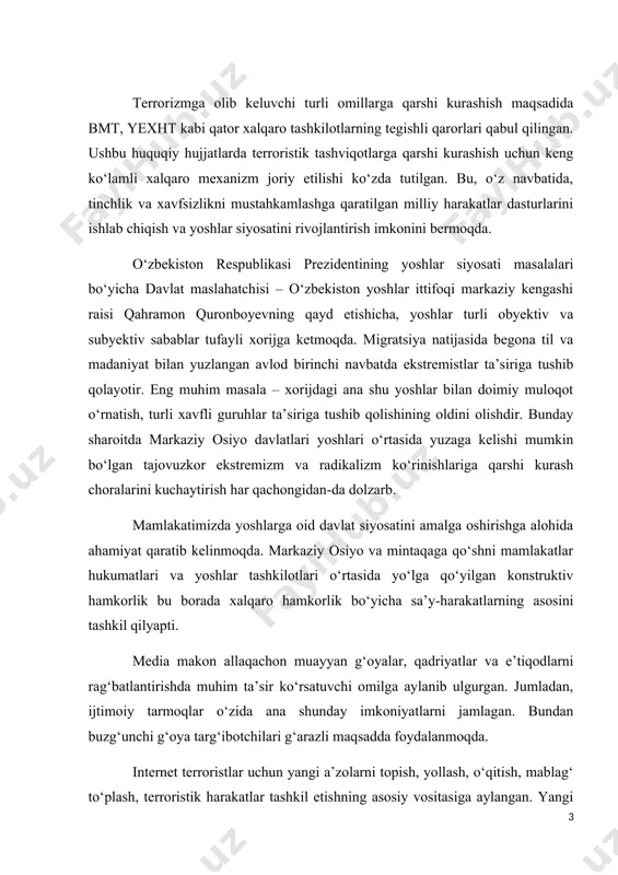 arga qarshi kurashish uchun keng ko‘lamli xalqaro mexanizm joriy etilishi ko‘zda tutilgan. bu, o‘z navbatida, tinchlik va xavfsizlikni mustahkamlashga qaratilgan milliy harakatlar dasturlarini ishlab chiqish va yoshlar siyosatini rivojlantirish imkonini bermoqda. o‘zbekiston respublikasi prezidentining yoshlar siyosati masalalari bo‘yicha davlat maslahatchisi – o‘zbekiston yoshlar ittifoqi markaziy kengashi raisi qahramon quronboyevning qayd etishicha, yoshlar turli obyektiv va subyektiv sabablar tufayli xorijga ketmoqda. migratsiya natijasida begona til va madaniyat bilan yuzlangan avlod birinchi navbatda ekstremistlar ta’siriga tushib qolayotir. eng muhim masala – xorijdagi ana shu yoshlar bilan doimiy muloqot o‘rnatish, turli xavfli guruhlar ta’siriga tushib qolishining oldini olishdir. bunday sharoitda markaziy osiyo davlatlari yoshlari o‘rtasida yuzaga kelishi mumkin bo‘lgan tajovuzkor ekstremizm va radikalizm ko‘rinishlariga qarshi kurash choralarini kuchaytirish har qachongidan-da dolzarb. mamlakatimizda yoshlarga oid davlat siyosatini amalga oshirishga alohida ahamiyat qaratib kelinmoqda. markaziy osiyo va mintaqaga qo‘shni mamlakatlar hukumatlari va yoshlar tashkilotlari o‘rtasida yo‘lga qo‘yilgan konstruktiv hamkorlik bu borada xalqaro hamkorlik bo‘yicha sa’y-harakatlarning …