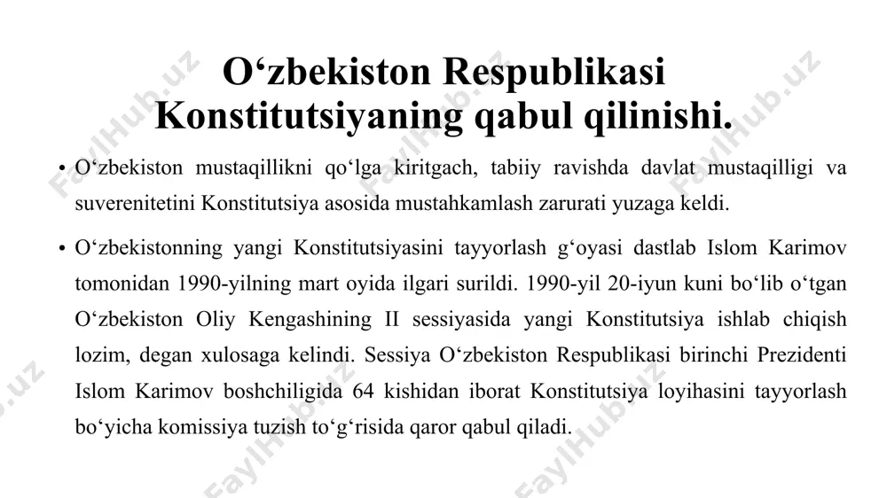 ekiston xalqini millatidan qat’i nazar uning fuqarolari tashkil etadi, davlat o‘z faoliyatini inson va jamiyat farovonligini ko‘zlab amalga oshiradi, deb ko‘rsatilgan. uchinchi tamoyil-davlat hokimiyatining uch tarmoqqa bo‘linishidir. o‘zbekiston davlat hokimiyati tizimi hokimiyatning qonun chiqaruvchi, ijro etuvchi va sud hokimiyatlariga bo‘linishi qonunlashtirildi. to‘rtinchi tamoyil-bu demokratiyaga sodiqlikdir. konstitutsiyada demokratiya va ijtimoiy adolatga sadoqat e’lon qilinadi hamda insonparvar demokratik – huquqiy davlat barpo etish nazarda tutiladi. beshinchi tamoyil-konstitutsiya va qonunlarning ustuvorligidir. konstitutsiyaning 15-moddasida «o‘zbekiston respublikasida o‘zbekiston respublikasining konstitutsiyasi va qonunlarining ustunligi so‘zsiz tan olinadi. davlat, uning organlari, mansabdor shaxslar, jamoat birlashmalari, fuqarolar konstitutsiya va qonunlarga muvofiq ish ko‘radilar», deb belgilab qo‘yilgan. oltinchi tamoyil l-xalqaro andozalar darajasida ifodalangan fuqarolar huquqlari, erkinliklari va majburiyatlarining tengligi va daxlsizligidir. o‘zbekiston fuqarolarining huquqlari muhim xalqaro hujjatlar - «inson huquqlari butun jahon deklaratsiyasi», «iqtisodiy, sotsial va madaniy huquqlar to‘g‘risida xalqaro akt», «fuqarolik va siyosiy huquqlar to‘g‘risida xalqaro akt» va boshqalar asosida bayon etilgan. konstitutsiyaning 18 - 52-moddalari inson va …
