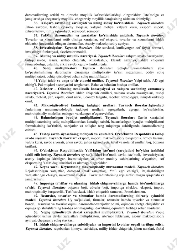 k, potensial ishlab chiqarish, yaim hajmi, resurs, real daromadlar, iste’mol hajmi, investitsiyalar hajmi, qiyosiy baho. 19. inflyatsiya. tayanch iboralar: talab va taklif inflyatsiyasi, inflyatsiya darajasi, baho indekslari, fillips egri chizig’i. 20. nominal va real yaim. tayanch iboralar: inflyatsiyaning mavjudligi, real ko’rsatkichlarni hisoblash zarurati, baho indekslari, deflyator, iste’mol narxlari indeksi, inflyatsiyalash, deflyatsiyalash. 21. iqtisodiy o‘sishga omillari va tiplari. makroiqtisodiy siyosat va iqtisodiy o’sish. tayanch iboralar: tabiiy resurslar soni va sifati, mehnat resurslari soni va sifati, asosiy kapital hajmi, texnologiyalar, bozorning monopollashuvi, ekstensiv va intensiv o`sish, fan va texnika, yaim o’sish sur’ati, mehnat bozori. 22.ad-as-modeli. tayanch iboralar: umumiy talab tushunchasi. umumiy talab va taklif grafiklari. muvozanat nuqtasi. 23. retsession va inflyatsion uzilish. tayanch iboralar: bandlilikning turli darajalaridagi makroiqtisodiy muvozanat, yalpi talabning yetishmasligi va ortiqchaligi. 24. iqtisodiy o‘sishning e.domar va xarrod modeli. tayanch iboralar: iqtisodiy o‘sishning keynscha va neokllasik modellari, investitsiya, yalpi taklif, kapital quyilma, taklif tenglamasi, talab tenglamasi, akselerator prinsipi, haqiqiy o‘sish …