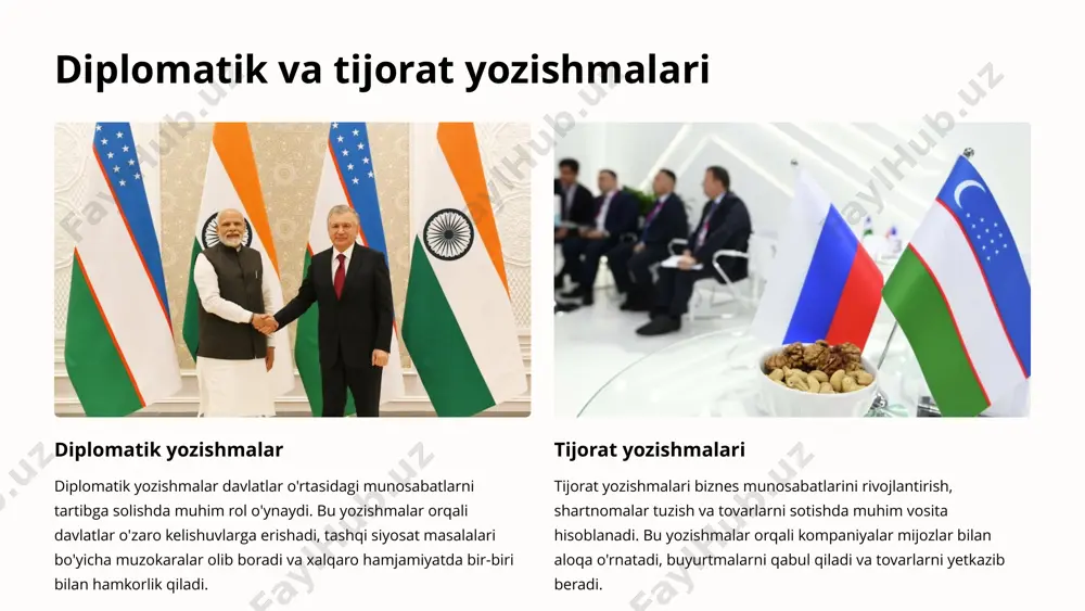 rini himoya qilish uchun xalqaro hamjamiyat bilan o'zaro hamkorlik qiladi. diplomatik yozishmalarni tayyorlashda diplomatik til qo'llaniladi diplomatik yozishmalarni tayyorlashda diplomatik til qo'llaniladi. bu til rasmiy, o'lchovli va ehtiyotkorlik bilan tanlangan iboralar bilan ajralib turadi. diplomatik til diplomatik yozishmalarda aniqlik, diplomatiklik va o'zaro hurmatni ta'minlashga xizmat qiladi. 3 diplomatik yozishmalar turlari rasmiy xatlar diplomatik rasmiy xatlar davlatlar o'rtasida yoki xalqaro tashkilotlar bilan olib boriladigan muloqotlarda ishlatiladi. ular davlat siyosati, diplomatik munosabatlar va xalqaro hamkorlik masalalari bo'yicha muhim axborotlarni o'z ichiga oladi. notiqlik nutqlari diplomatik nutqlar diplomatik vakillar tomonidan xalqaro konferentsiyalar, yig'ilishlar va boshqa rasmiy tadbirlarda so'zlanadi. ular davlat siyosatini, diplomatik pozitsiyani va xalqaro hamkorlikni targ'ib qilish maqsadida beriladi. notalar notalar davlatlar o'rtasida muhim masalalar bo'yicha rasmiy bayonotlar berish uchun ishlatiladi. ular diplomatik xat yozishmalarining qisqa va aniq shaklidir. protokol xatlari protokol xatlari diplomatik uchrashuvlar, tantanali tadbirlar va diplomatik marosimlarni tashkil etish bo'yicha rasmiy yozishmalardir. ular uchrashuv vaqti, joyi, mehmonlar ro'yxati va …