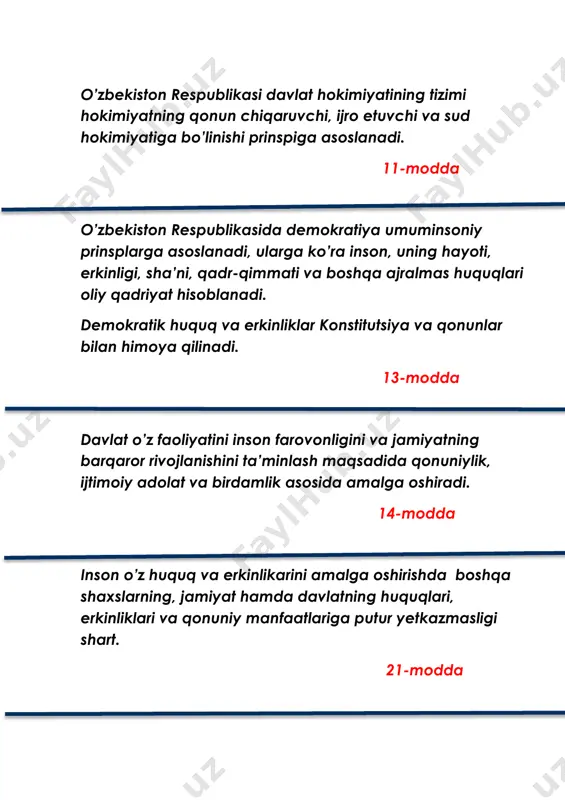 r tomonlama kamol topishini ta’minlaydi, shu maqsadda xayriya faoliyatini rag‘batlantiradi. 77-modda voyaga yetgan mehnatga layoqatli farzandlar o‘z ota- onalari haqida g‘amxo‘rlik qilishga majburdirlar. 80- modda o‘zbekiston respublikasining oliy majlisi oliy davlat vakillik organi bo‘lib, qonun chiqaruvchi hokimiyatni amalga oshiradi. o‘zbekiston respublikasi oliy majlisi ikki palatadan — qonunchilik palatasi (quyi palata) va senatdan (yuqori palata) iborat. o‘zbekiston respublikasi oliy majlisining qonunchilik palatasi va senati vakolat muddati — besh yil. 91-modda o‘zbekiston respublikasi oliy majlisining qonunchilik palatasi qonunga muvofiq saylanadigan bir yuz ellik deputatdan iborat. o‘zbekiston respublikasi oliy majlisining senati hududiy vakillik palatasi bo‘lib, senat a’zolaridan (senatorlardan) iborat. o‘zbekiston respublikasi oliy majlisining senati a’zolari qoraqalpog‘iston respublikasi jo‘qorg‘i kengesi, viloyatlar, tumanlar va shaharlar davlat hokimiyati vakillik organlari deputatlarining tegishli qo‘shma majlislarida mazkur deputatlar orasidan yashirin ovoz berish yo‘li bilan qoraqalpog‘iston respublikasi, viloyatlar va toshkent shahridan teng miqdorda — to‘rt kishidan saylanadi. o‘zbekiston respublikasi oliy majlisi senatining to‘qqiz nafar a’zosi fan, san’at, adabiyot, ishlab …