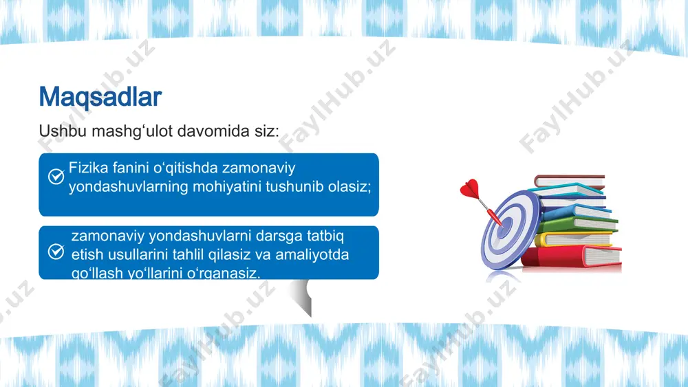 liyat orqali egallanadi (kuzatish, tadqiqot, loyihalash, yechim topish). hayotga bog‘langanlik – mavzular hayotiy, dolzarb muammolar va real holatlarga bog‘langan bo‘lishi zarur. tanishdan notanishga qarab rivojlantirish – yangi bilimlar o‘quvchining mavjud tajribasi asosida quriladi. tafakkurni rivojlantirishga yo‘naltirish – tanqidiy, ijodiy va reflektiv fikrlashni rag‘batlantirish. hamkorlikda o‘rganish – juftlikda, kichik guruhda, jamoa bo‘lib ishlash orqali ijtimoiy ko‘nikmalar shakllanadi. o‘qituvchining roli — fasilitator – o‘qituvchi tayyor bilim beruvchi emas, balki yo‘l-yo‘riq ko‘rsatuvchi, ishtirokchini rag‘batlantiruvchi. 4 so‘rovga asoslangan ta’lim qiziqish → tadqiqot → kashfiyot muammoga asoslangan ta’lim muammo → tahlil → izlanish → yechim loyihaga asoslangan ta’lim g‘oya → rejalashtirish → amalga oshirish → taqdimot so‘rovga asoslangan ta’lim — bu o‘quvchini faol savol berishga, fikrlashga va izlanishga undovchi o‘qitish va o‘rganish yondashuvidir. ushbu modelda bilim tayyor shaklda berilmaydi, balki o‘quvchi o‘zi savollar orqali uni topadi, tushunadi va qo‘llaydi. asosiy tamoyillar: o‘quvchi markazda savol asosida o‘rganish tajribaga tayangan faoliyat fikr yuritish va tahlil qilish kerak …