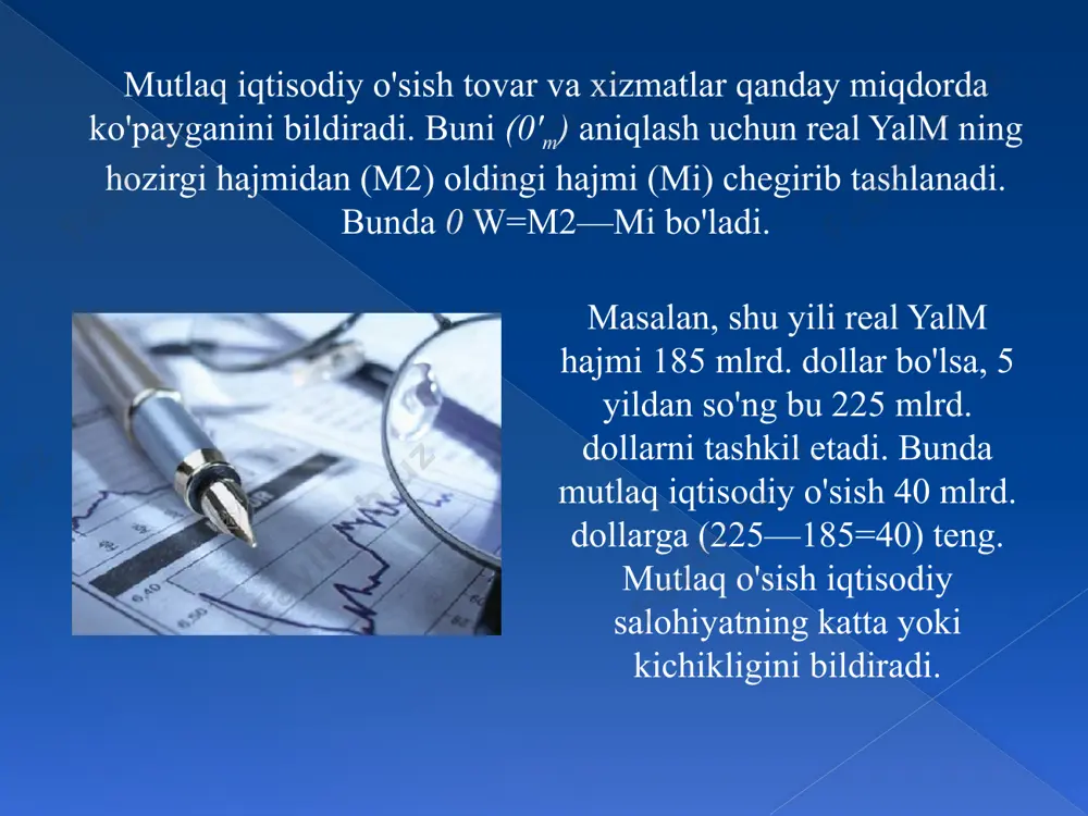 h omilla-ridan boshqa narsa bo'lishi mumkin emas. shu sababli bu resurslarning miqdori, sifati va ularning naqadar samarali ishlatilishiga bog'liq bo'ladi, chunki resurslar ishlab chiqa­rish omillariga aylanadi. resurslar ko'payganda tovarlar va xizmatlar oldingidan ko'proq yaratiladi. masalan, yangi yerlar ochilsa, yangi konlar, suv manbalari ishga tushirilsa, mashina-uskunalar va ishlovchilar soni ko'paytirilsa, shubhasiz ishlab chiqarish o'sadi. bozor iqtisodiyotining qonun-qoidalari iqtisodiy o'sish yuz berishi uchun bozor talabiga muvofiq tovar va xizmatlarni yaratish kerak bo'ladi. biz bilamizki, iqtisodiy o'sish yalm ko'payishini anglatadi. yalm esa tovar va xizmatlarning bozordagi qiymati. agar ular sotilmasa bozor qiymati yuzaga kelmaydi. shu sababli bozorbop tovar va xizmatlarni yaratish iqtisodiy o'sishni ta'minlaydi. resurslar kamyob bo'lganidan, ulardan samarali foydalanish iqtisodiy o'sishning asosiy shartiga aylanadi, biroq tabiiy resurslarning oz yoki ko'pligi ham o'z ahamiyatini yo'qotganicha yo'q. shu sababli quvayt, saudiya arabistoni kabi mamlakatlarning iqtisodiy o'sishi, ular yerining neftga boyligi bilan izohlanadi. inson kapitalining sifat darajasi. inson kapitali bu ishlovchilarning bilim darajasi, ishlash mahorati …