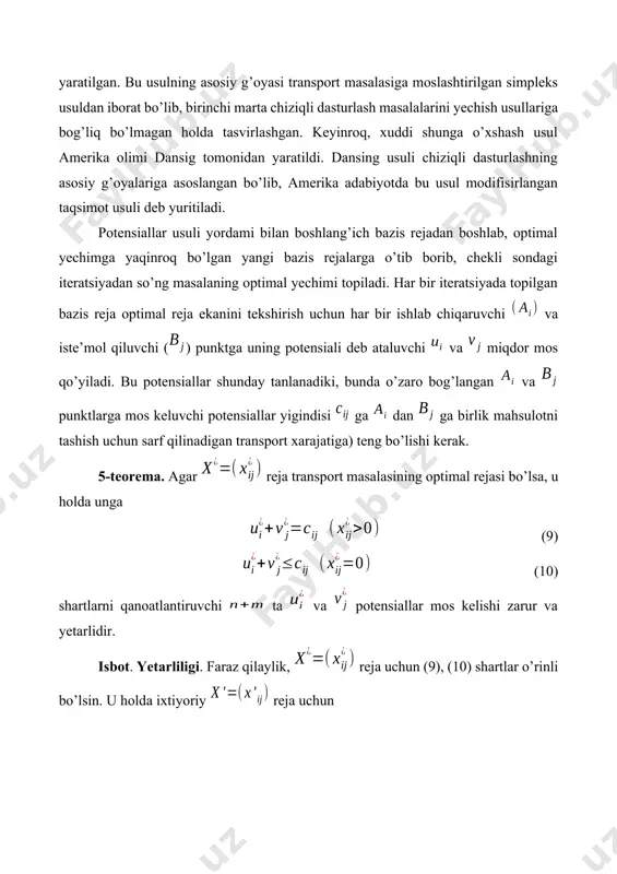 yerda – (-) va (+) ishorali katakchalarni o’z ichiga oluvchi yarim konturlar. quyidagi formula orqali ning son qiymati topiladi. (19) 4. yangi bazis reja hisoblanadi: yangi bazis rejadagi to’ldirilgan katakchalar soni ta bo’lganligi uchun (19) shartni qanoatlantiruvchi katakchalar birdan ortiq bo’lsa, ulardan bittasini bo’sh katakchaga aylantirib, qolgan katakchalardagi taqsimotni 0 ga teng deb qabul qilinadi. topilgan yangi bazis reja uchun yana qaytadan potensiallar sistemasi topiladi va yangi rejaning optimal reja bo’lishlik sharti tekshiriladi. agar yangi bazis reja optimal reja bo’lmasa, u holda yana qaytadan 3, 4 punktlarda qilingan ishlar takrorlanadi. jarayon optimal yechim topilguncha, ya’ni barcha bo’sh katakchalar uchun shart bajarilguncha takrorlanadi. nazorat savollari 1. transport masalasining matematik modeli qanday va u qanday formalarda yoziladi? 2. yopiq va ochiq modelli transport masalalariga izoh bering. 3. transport masalasi yechimi mavjud bo’lishining zarur va yetarlilik sharti nimadan iborat? 4. transport masalasi shartlaridan tuzilgan matrisaning rangi nimaga teng? 5. transport masalasi yechimidagi 0 …