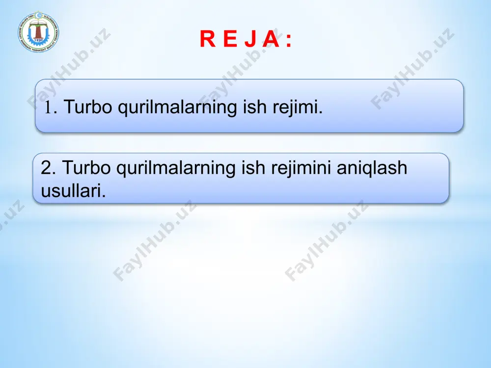 glamadagi o‘lcham birligi bo‘lmagan ko‘rsatkichlarning ko‘paytmasi turbomashinaning o‘lchamsiz koeffitsienti deb nomlangan va q - bilan belgilanadi. 22200 4  tgcbkkq uc  (3.22) unda haqiqiy turbomashina unumdorligi: 2 2 2 4 u d qq     (3.23) bu tenglamadan o‘lchamsiz unumdorlik: 2 2 2 4 u d q q     (3.24) turbomashinaning o‘lchamsiz xarakteristikasi  qfh ,  qfn , va  qf uning sinash jaaryonida olingan xarakteristikalari  qfh ,  qfn , va  qf asosida topiladi. buning uchun turbomashina maxsus sinov stendida sinaladi. sinov jarayonida turli ish rejimlarga mos keladigan unumdorlik, zo‘riqma va quvvat o‘lchab olinadi. o‘lchab olingan ko‘rsatkichlari asosida mashinaning zo‘riqma, quvvat va foydali ish koeffitsienti xarakteristikalari chiziladi. turli rejimlarda o‘lchangan zo‘riqmani 2 2 ugh va unumdorlikni 4 2 2 2 ud bo‘lib, ularning ushbu rejimlardagi o‘lchamsiz koeffitsientlari h va q topiladi. so‘ng o‘lchamsiz zo‘riqma xarakteristika  qfhqh koordinat tizimida chiziladi …