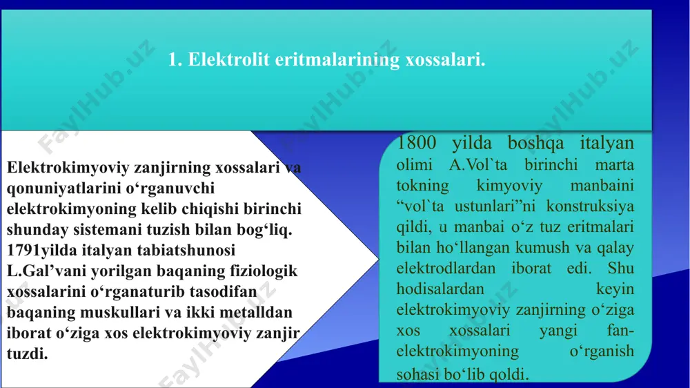 ralib chiqadi yoki bir ekvivalent istalgan modda ajralib chiqishi uchun elektrolitdan 96 500 kulon elektr toki o‘tkazish kerak: m = bunda: m — elektrolizlarda ajralgan modda massasi. e — elektrodalarda ajralib chiqayotgan modda ekvivalent. i — tok kuchi. t — tokning o‘tish vaqti. f — faradey soni: bu son vaqtning birligiga mos holda quyidagicha ifodalanadi. t sekundda — f = 96500. t minutda — f = 1608,33. t soatda — f = 26,8. 2. dissotsalanish darajasi va uni aniqlash dissotsialanish — bu elektrolitlarning eritmada yoki eritilganda ionlarga ajralish jarayonidir. ya’ni, elektrolit molekulalari suvda yoki boshqa erituvchilarda eriganida musbat va manfiy ionlarga parchalanadi. bu jarayon elektrolitlarning elektr tokini o‘tkaza olish xususiyatining asosini tashkil etadi. dissotsialanish darajasi (α) dissotsialanish darajasi (α) — bu moddaning umumiy miqdoriga nisbatan dissotsialanadigan molekulalar ulushini ko‘rsatadi. u quyidagi formula bilan ifodalanadi: α= bu yerda: – — dissotsialangan molekulalar soni, – — eritmadagi umumiy molekulalar soni. dissotsialanish darajasi …