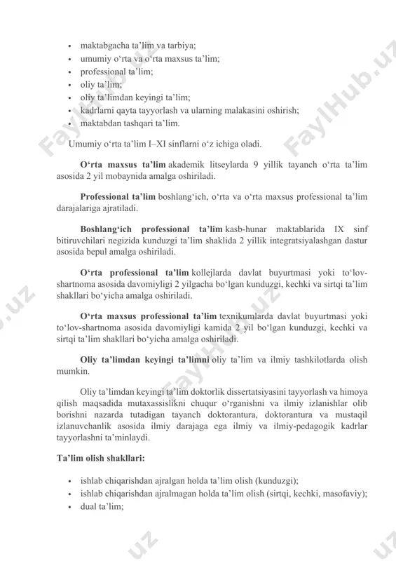 oliy ta’limdan keyingi ta’limni oliy ta’lim va ilmiy tashkilotlarda olish mumkin. oliy ta’limdan keyingi ta’lim doktorlik dissertatsiyasini tayyorlash va himoya qilish maqsadida mutaxassislikni chuqur o‘rganishni va ilmiy izlanishlar olib borishni nazarda tutadigan tayanch doktorantura, doktorantura va mustaqil izlanuvchanlik asosida ilmiy darajaga ega ilmiy va ilmiy-pedagogik kadrlar tayyorlashni ta’minlaydi. ta’lim olish shakllari: · ishlab chiqarishdan ajralgan holda ta’lim olish (kunduzgi); · ishlab chiqarishdan ajralmagan holda ta’lim olish (sirtqi, kechki, masofaviy); · dual ta’lim; · oilada ta’lim olish va mustaqil ta’lim olish; · katta yoshdagilarni o‘qitish va ularga ta’lim berish; · inklyuziv ta’lim; · eksternat tartibidagi ta’lim; · mudofaa, xavfsizlik va huquqni muhofaza qilish faoliyati sohasida kadrlar tayyorlash. qonunga ko‘ra, davlat oliy ta’lim, o‘rta maxsus, professional ta’lim muassasalari va ularning filiallari, shuningdek davlat ishtirokidagi oliy, o‘rta maxsus, professional ta’lim tashkilotlari va ularning filiallari prezident yoki hukumat qarorlari bilan tashkil etiladi. nodavlat ta’lim muassasalarini tashkil etish ularning ta’sischilari tomonidan amalga oshiriladi. nodavlat ta’lim …
