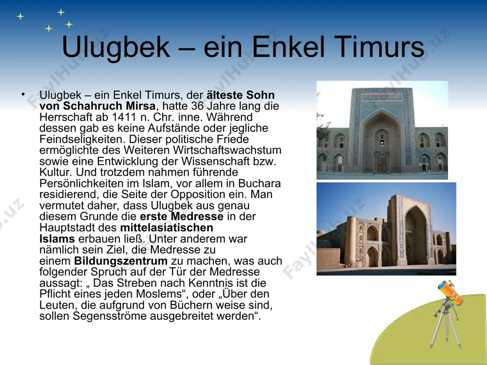 ergeben. der junge herrscher wollte die stadt zum kulturzentrum seines reiches machen. 1417-1420 v. chr. ließ es aus diesem grunde die medresse („universität“ oder „hochschule“) auf demregistanplatz in samarkand bauen. dorthin lud er viele moslemische mathematiker undastronomen ein, um ihre erkenntnis weiterzugeben. mit dem bau der medresse in buchara ab 1417 v. chr. gab es in eine ähnliche lehranstalt. ulugbek selbst interessierte sich besonders für astronomie. dies nahm er zum anlass, um 1428 v. chr. in samarkand ein großes observatorium aufzurichten. mathematiker und astronomen die forschung innerhalb der astronomie 1447 v. chr. starb ulugbeks vater schachruch, so dass er nun die ganze regierung inne hatte. wegen der verschiedenen staatsangelegenheiten musste er sich von der wissenschaft distanzieren, und trotzdem war er nicht in der lage, seine macht auszuüben. im jahre 1449 v. chr. wurde er auf befehl seines sohns abdul latif getötet. noch nicht einmal ein jahr später wurde auch abdul …
