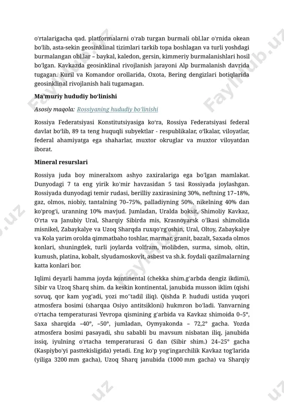 ʻzilgan kamchatka va kuril orollaridagi togʻlarda harakatdagi vulkanlar otilib turadi. geologik tuzilishi rossiya hududi sharqiy yevropa platformasining anchagina qismini, butun sibir platformasini, gʻarbiy sibir plitasini, janubiy sibir, verxoyansk-chukotka burmali obl., koryak yassitogʻligi, kamchatka, kuril orollari, primorye va saxalin burmali obl.larini egallaydi. qadimgi platformalar yuqori proterozoy davrigacha boʻlgan kristalli fundament (zamin)dan iborat boʻlib, dengiz tubidagi qad. choʻkindi va vulkan jinslaridan tashkil topgan va keyinchalik burmalanib, metamorfizmga uchragan. kareliya burmalanish davri tugagach, sharqiy yevropa va sibir platformalari zaminining yuzasi denudatsiya natijasida tekislanib, choʻkindi jinslar ostida qolgan. proterozoy davri oʻrtalarigacha qad. platformalarni oʻrab turgan burmali obl.lar oʻrnida okean boʻlib, asta-sekin geosinklinal tizimlari tarkib topa boshlagan va turli yoshdagi burmalangan obl.lar – baykal, kaledon, gersin, kimmeriy burmalanishlari hosil boʻlgan. kavkazda geosinklinal rivojlanish jarayoni alp burmalanish davrida tugagan. kuril va komandor orollarida, oxota, bering dengizlari botiqlarida geosinklinal rivojlanish hali tugamagan. maʼmuriy hududiy boʻlinishi asosiy maqola: rossiyaning hududiy boʻlinishi rossiya federatsiyasi konstitutsiyasiga ko‘ra, rossiya federatsiyasi federal …